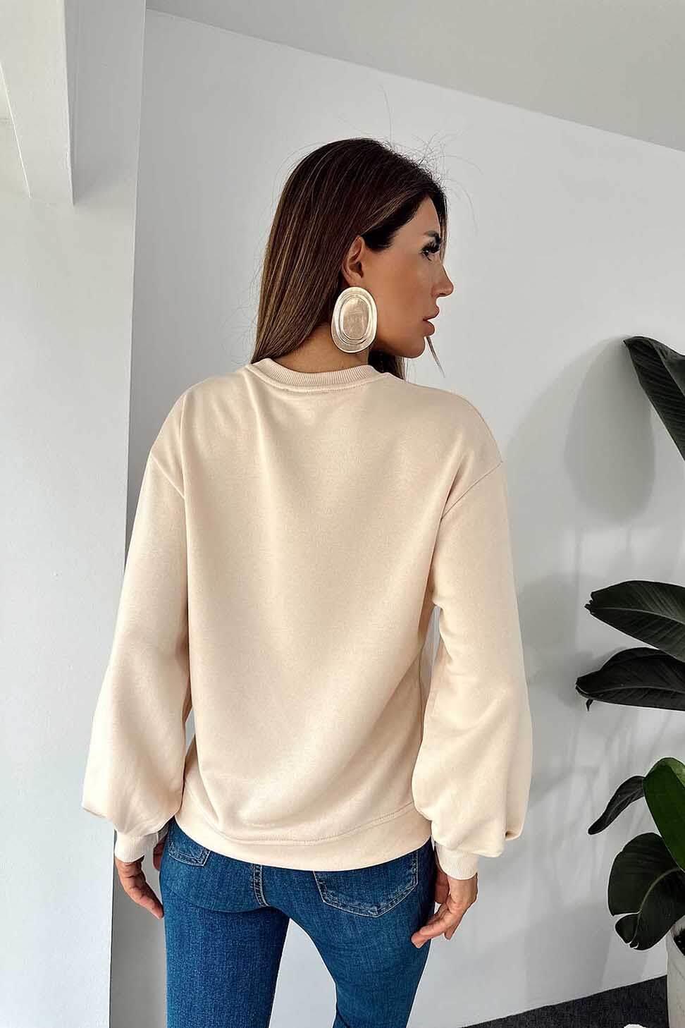 Naturek Pamuklu Kumaş V Taş Püsküllü Sweatshirt Bej