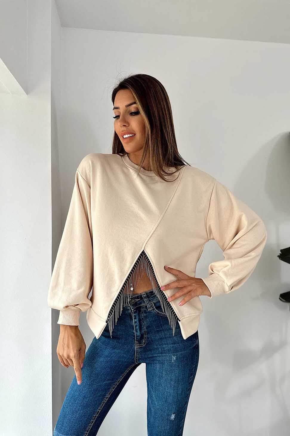 Naturek Pamuklu Kumaş V Taş Püsküllü Sweatshirt Bej