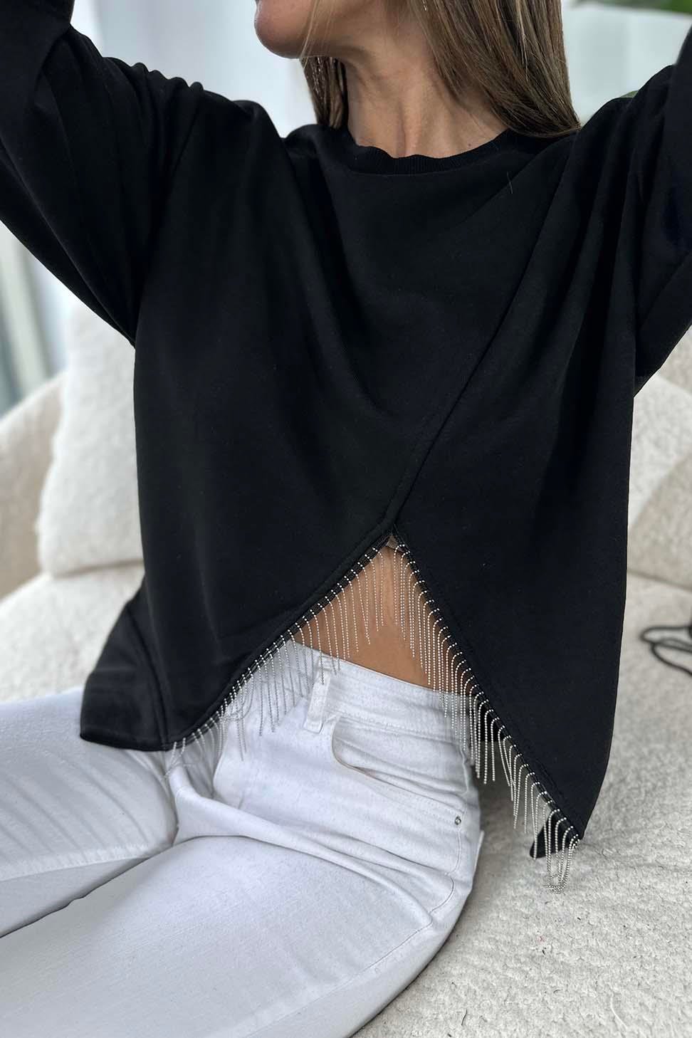 Naturek Pamuklu Kumaş V Taş Püsküllü Sweatshirt Siyah