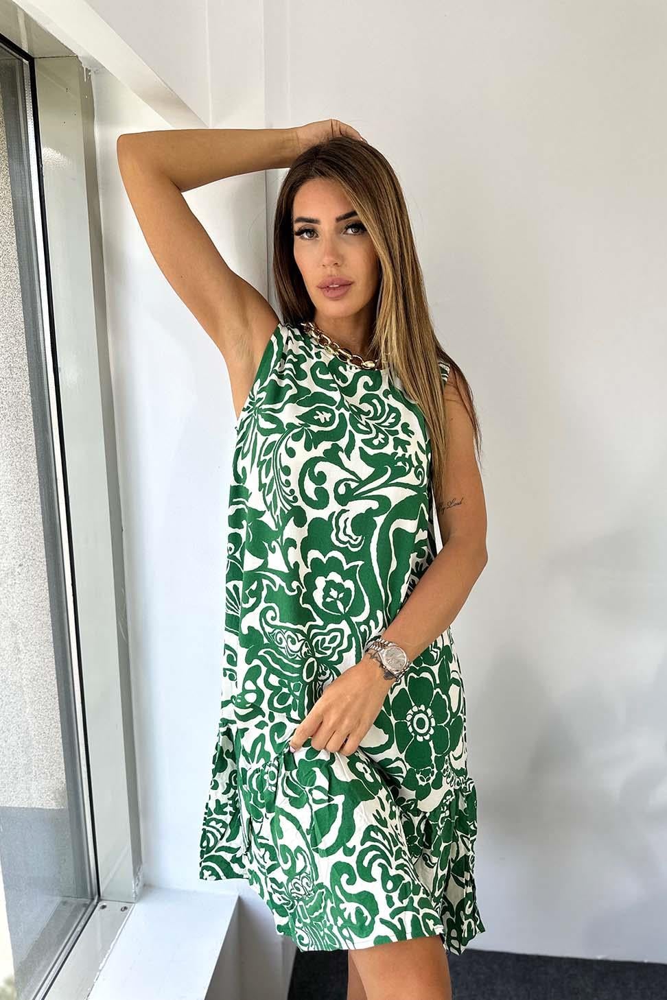 Naturel İnce Doku Viskon Kumaş Eteği Pile Detay Yazlık Elbise Yeşil