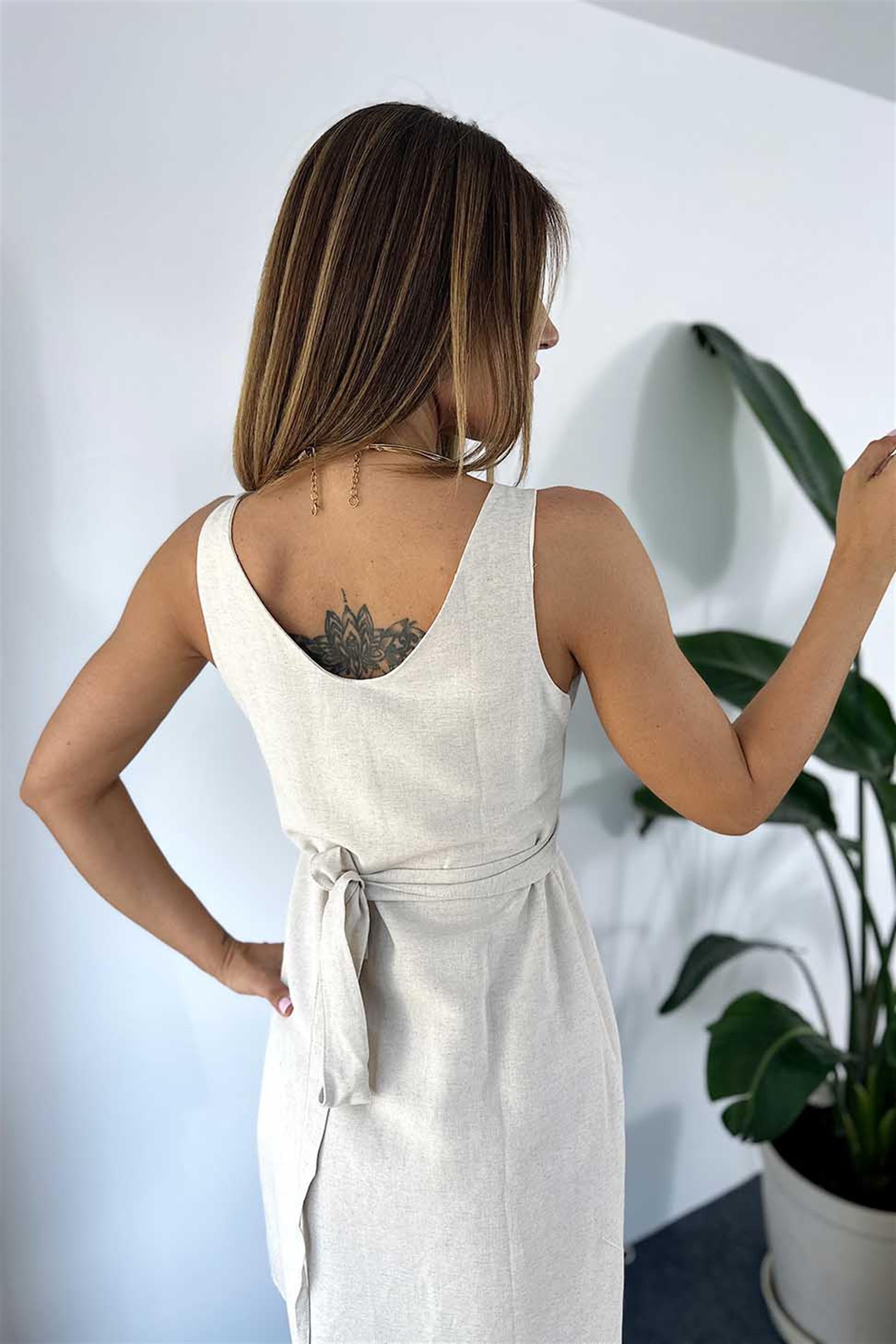 Naturel Keten Kumaş Yandan Kuşak Bağlamalı Detay Mini Elbise Taş