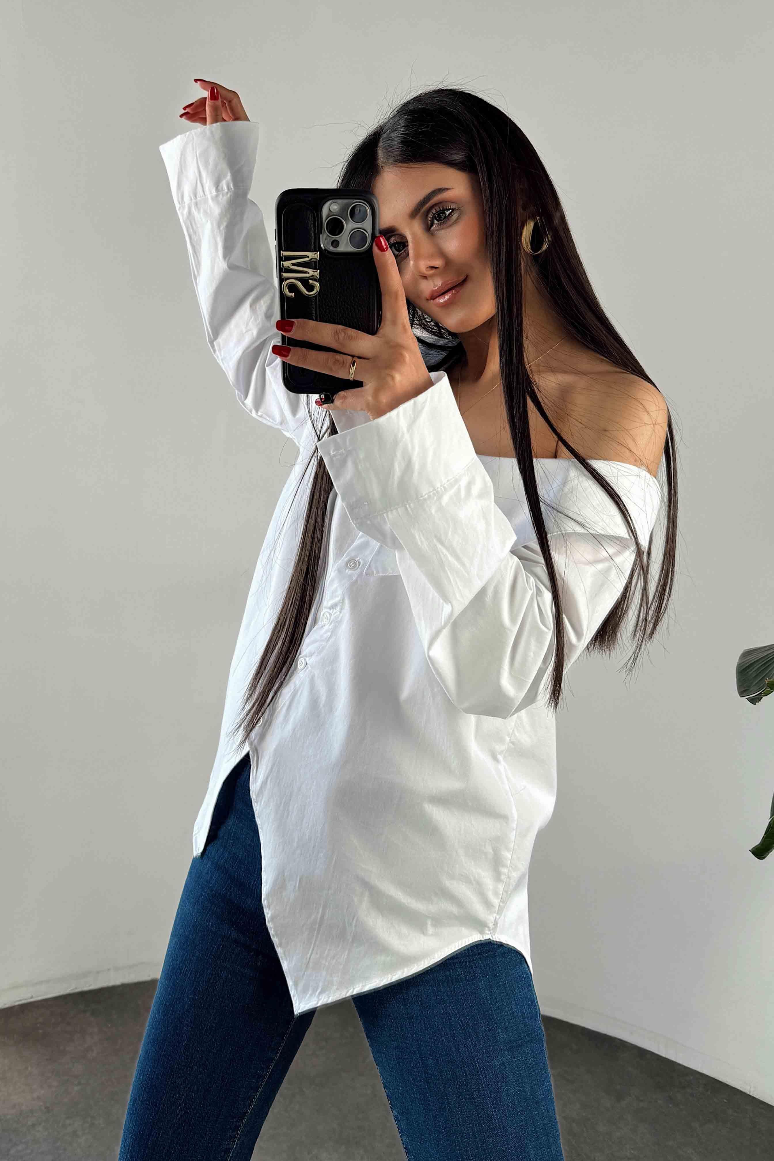 Omuz Dekolteli Kadın Gömlek Beyaz