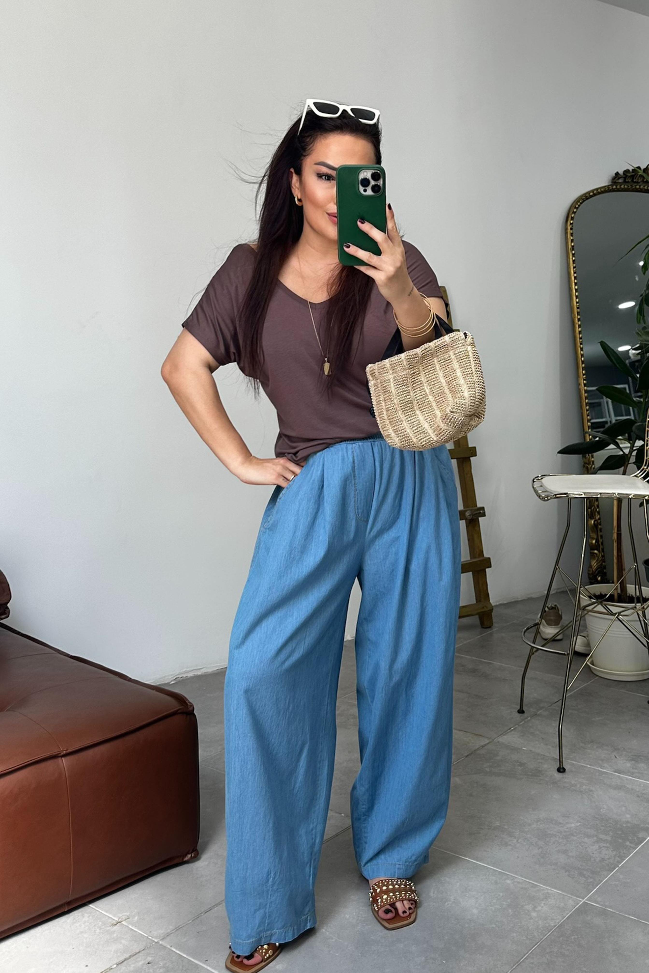 Ön Arka V Yaka Basic Tişört Acı Kahve