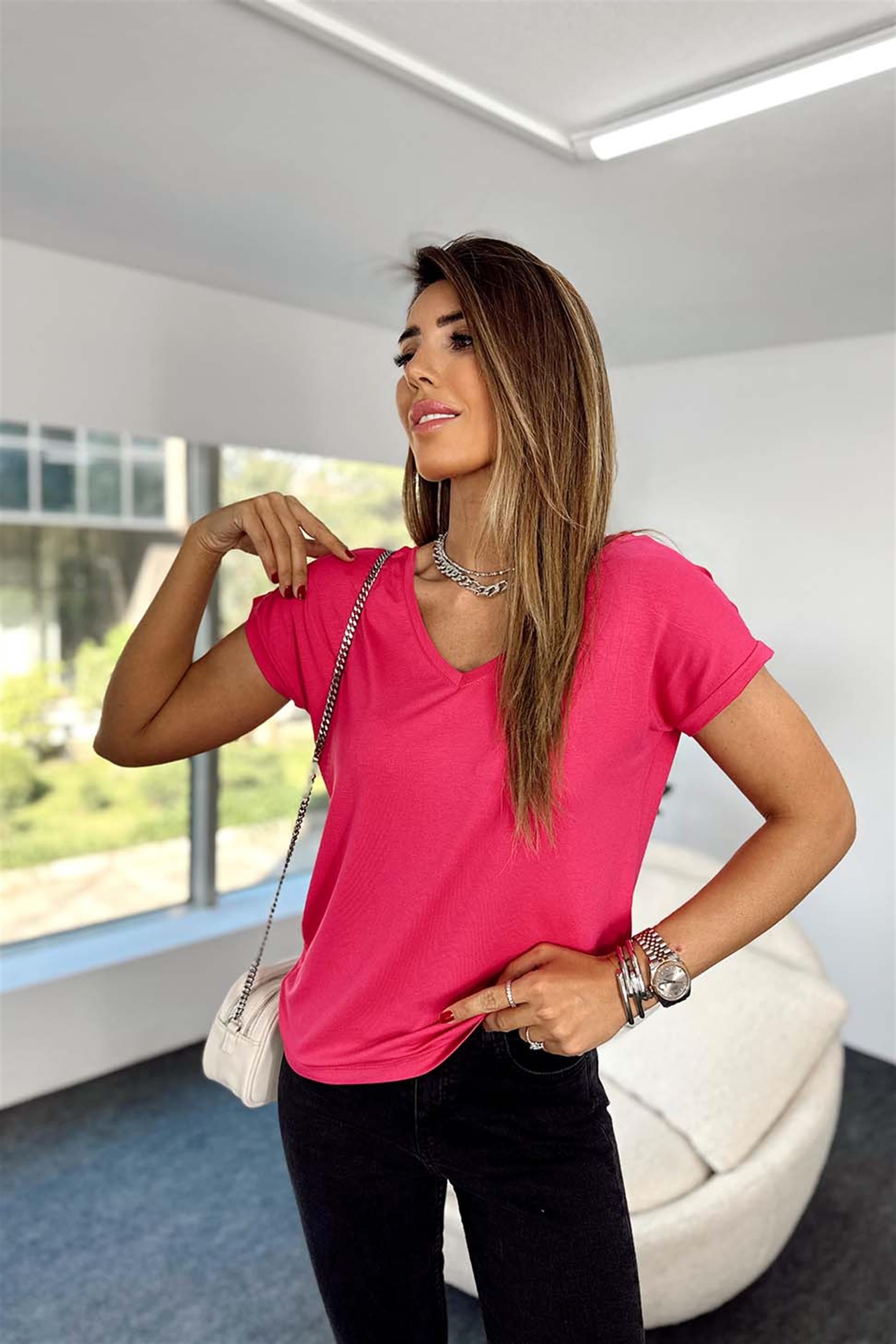 Ön Arka V Yaka Basic Tişört FUŞYA