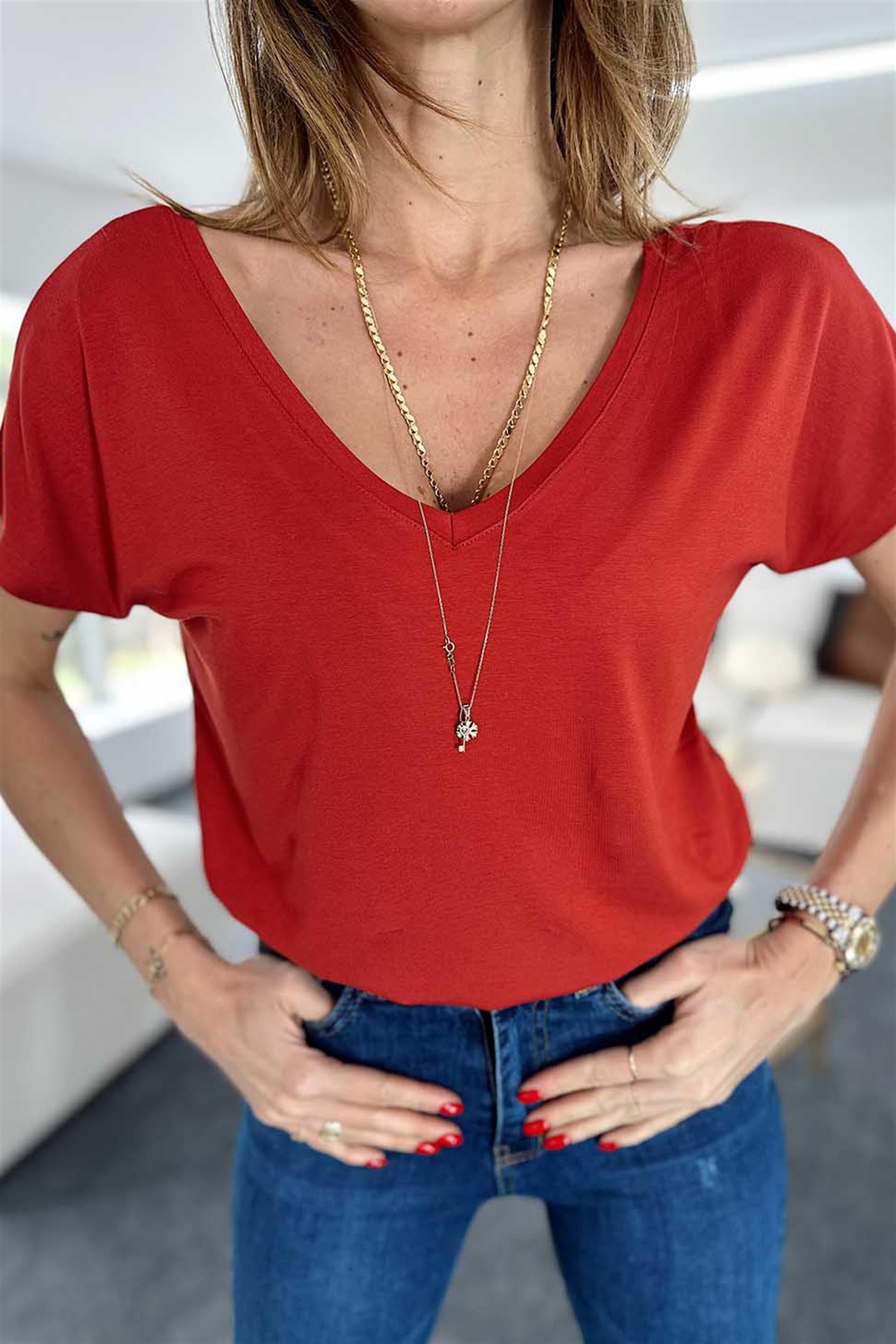 Ön Arka V Yaka Basic Tişört Kiremit