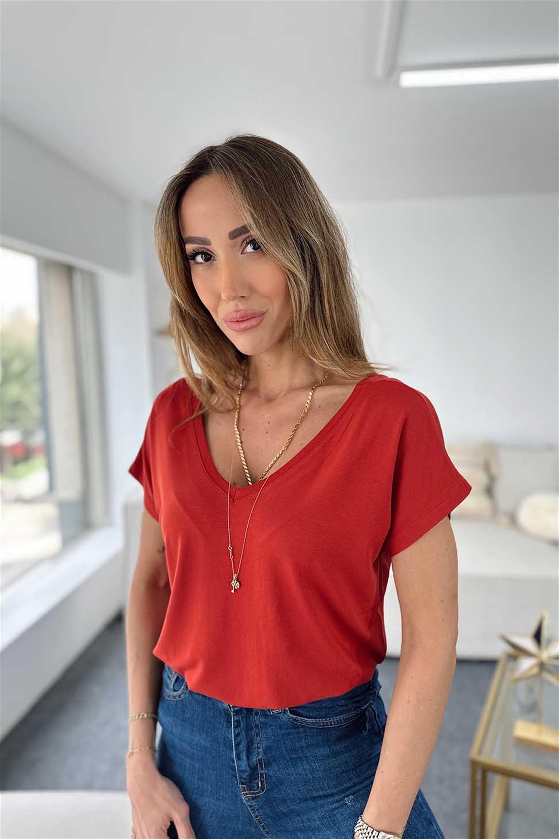 Ön Arka V Yaka Basic Tişört Kiremit