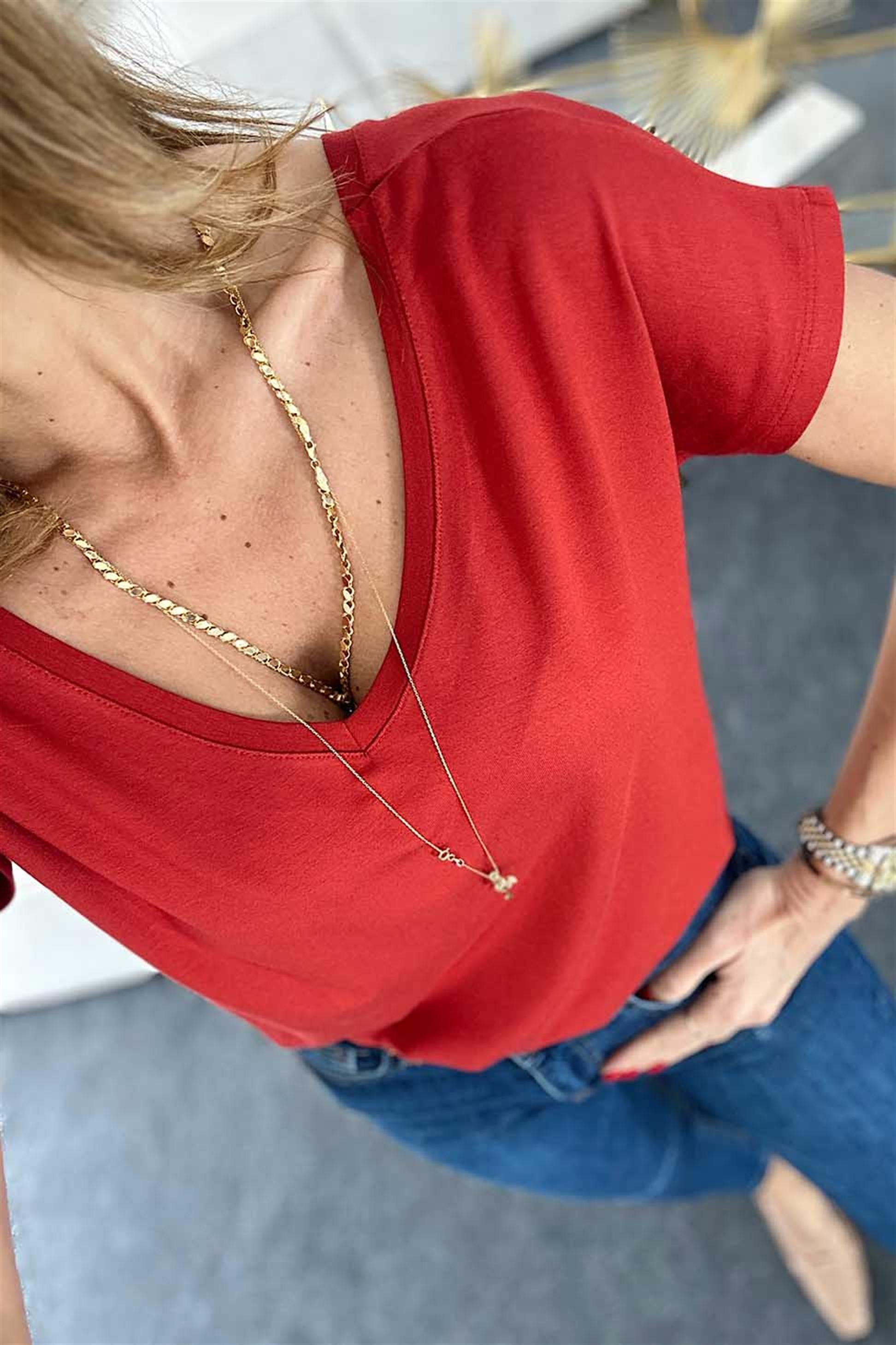 Ön Arka V Yaka Basic Tişört Kiremit