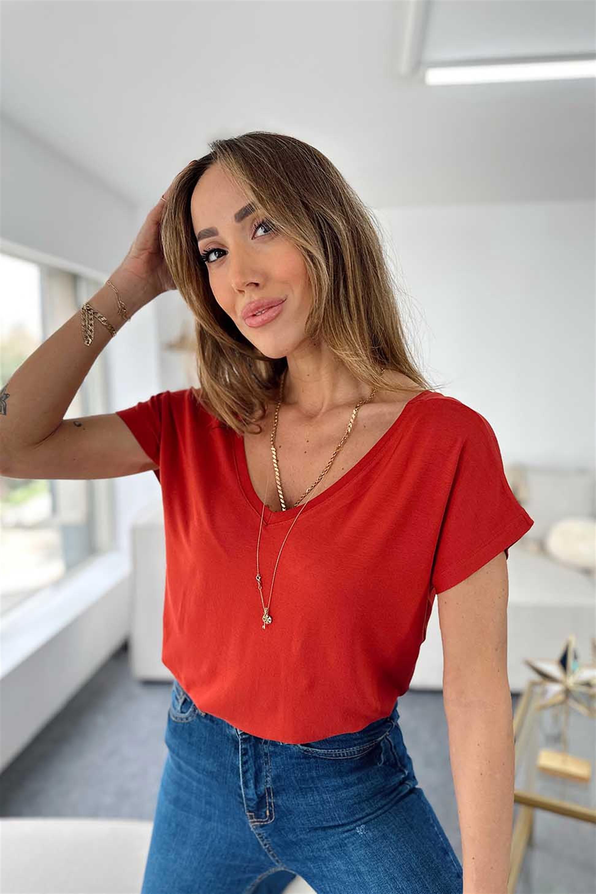 Ön Arka V Yaka Basic Tişört Kiremit