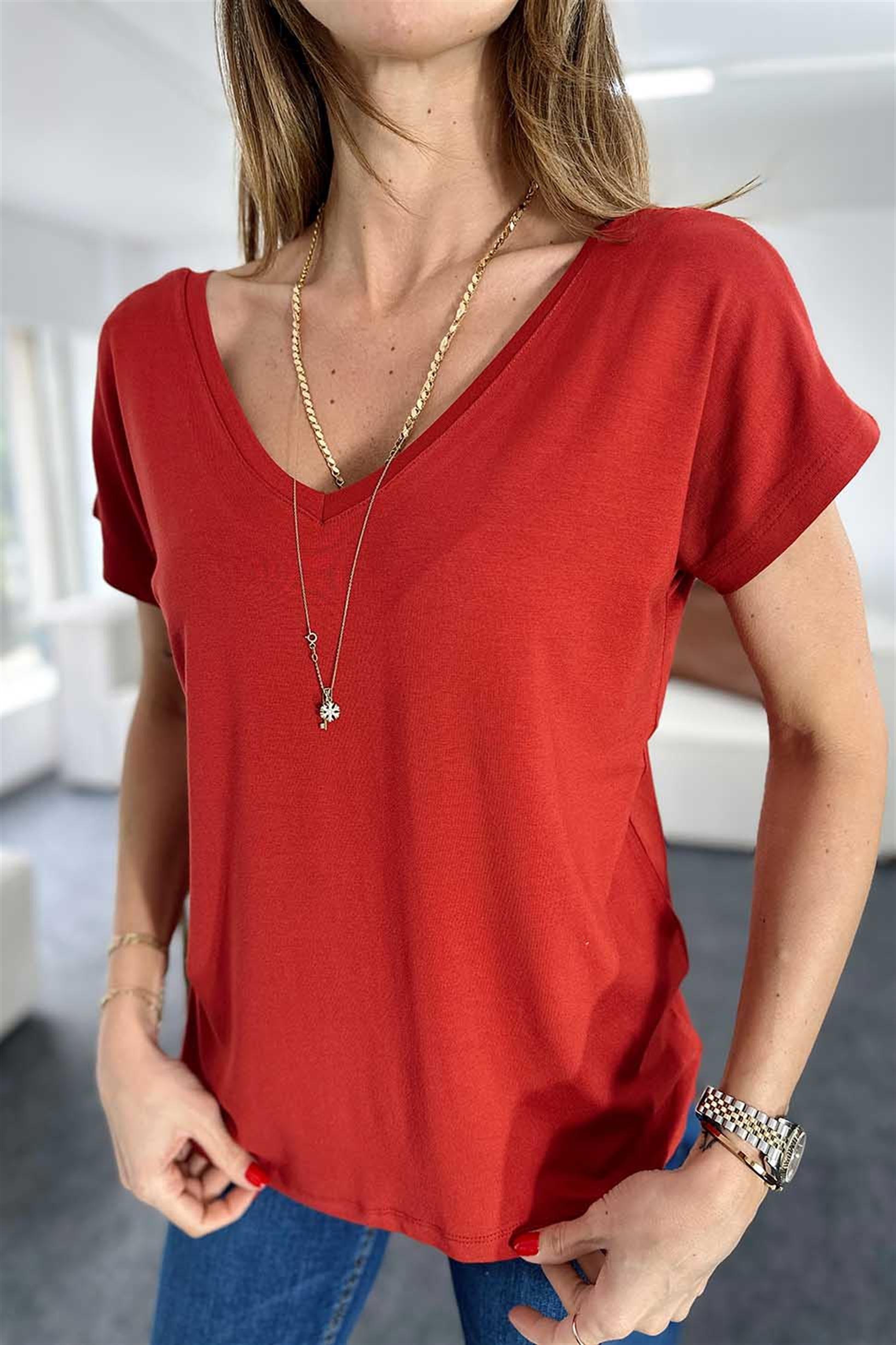 Ön Arka V Yaka Basic Tişört Kiremit