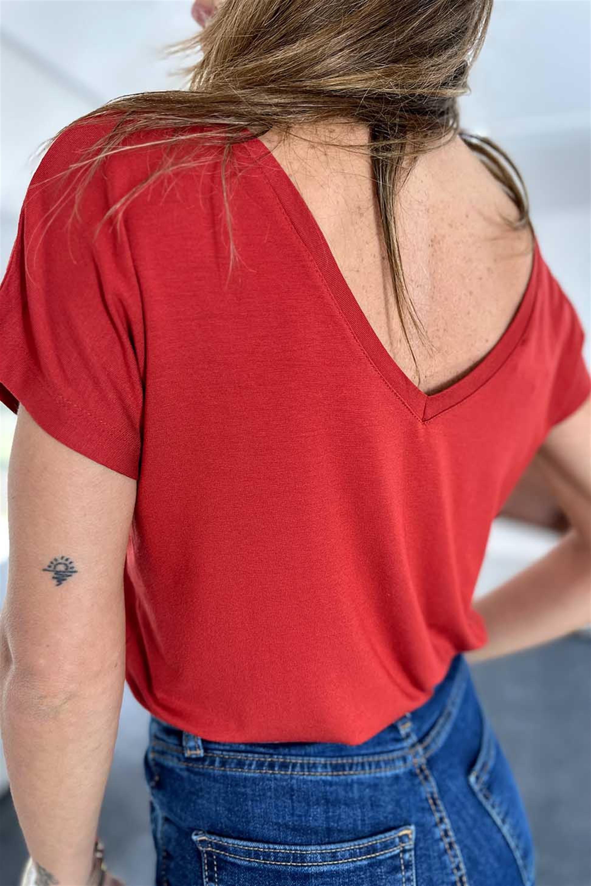 Ön Arka V Yaka Basic Tişört Kiremit