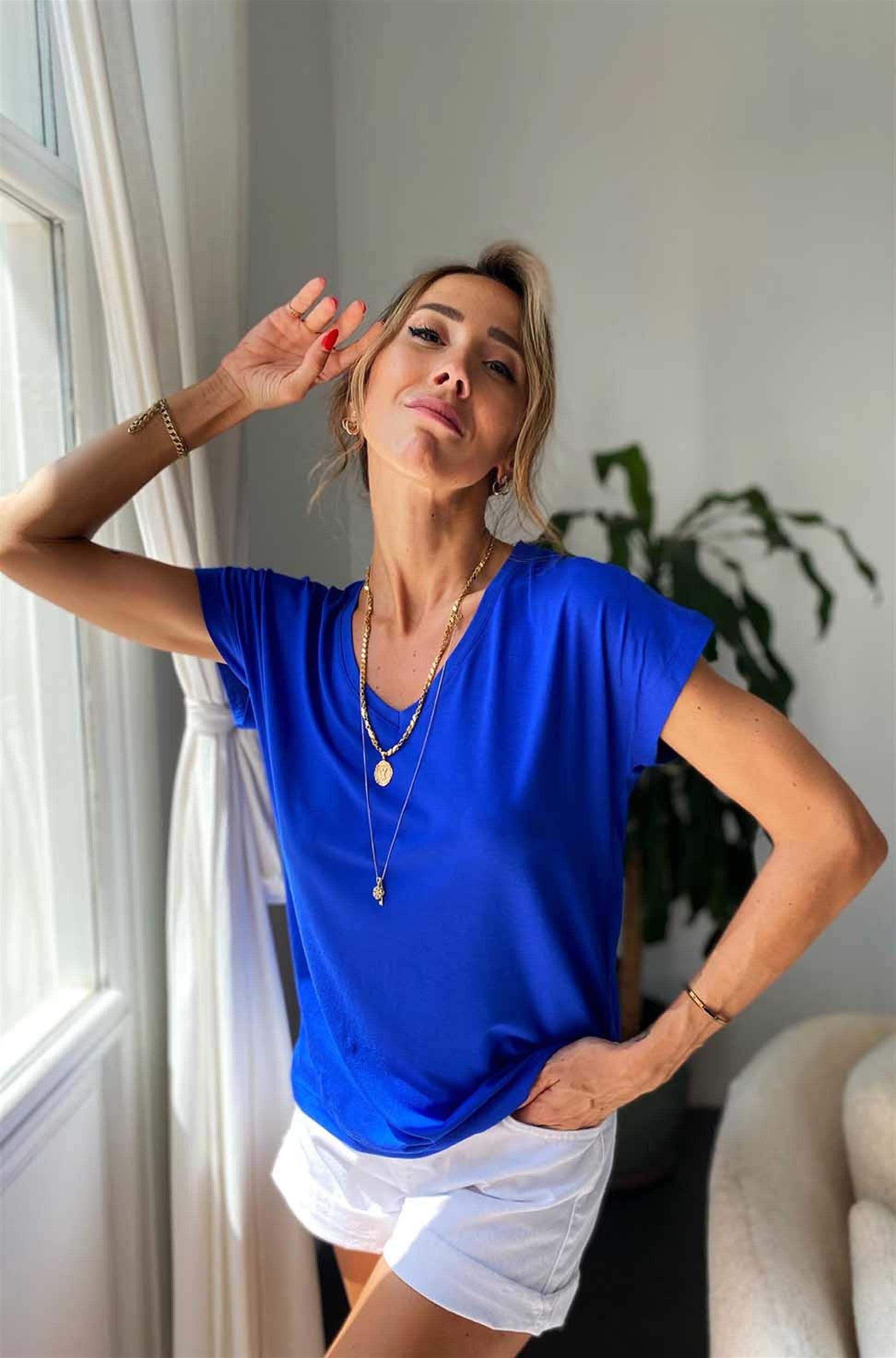 Ön Arka V Yaka Basic Tişört Saks