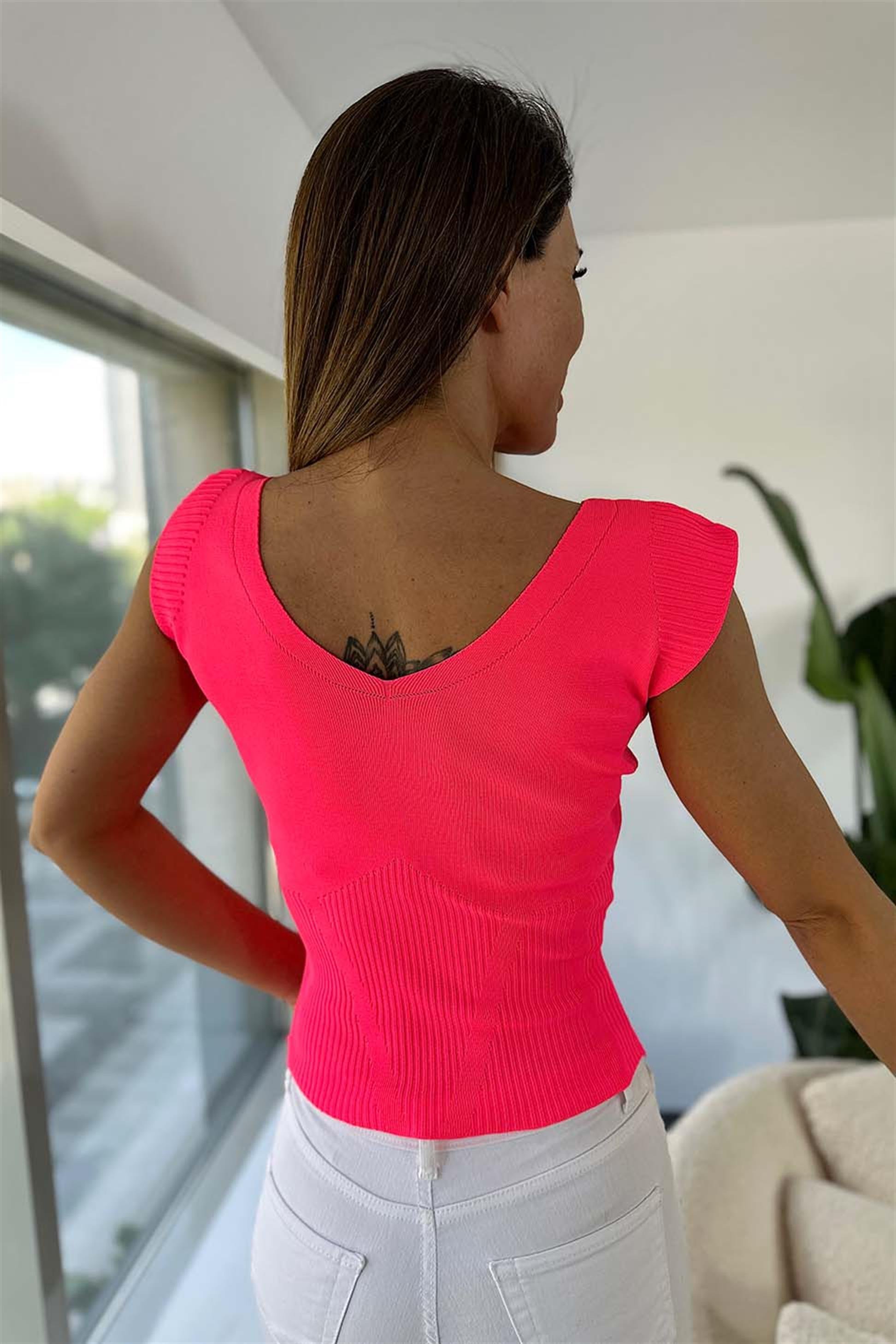Ön Arka V Yaka Kolsuz Triko Bluz Neon Pembe