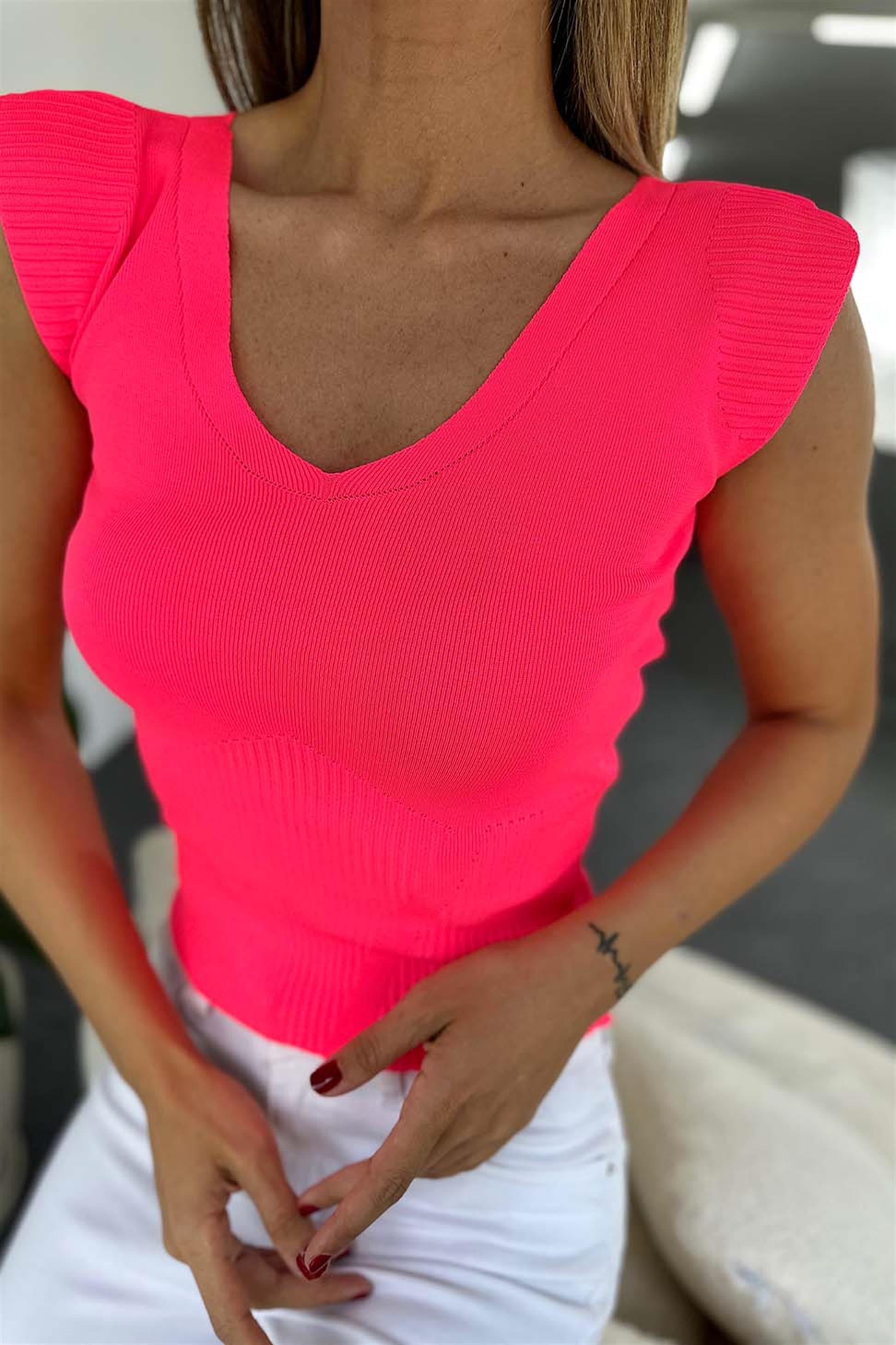 Ön Arka V Yaka Kolsuz Triko Bluz Neon Pembe