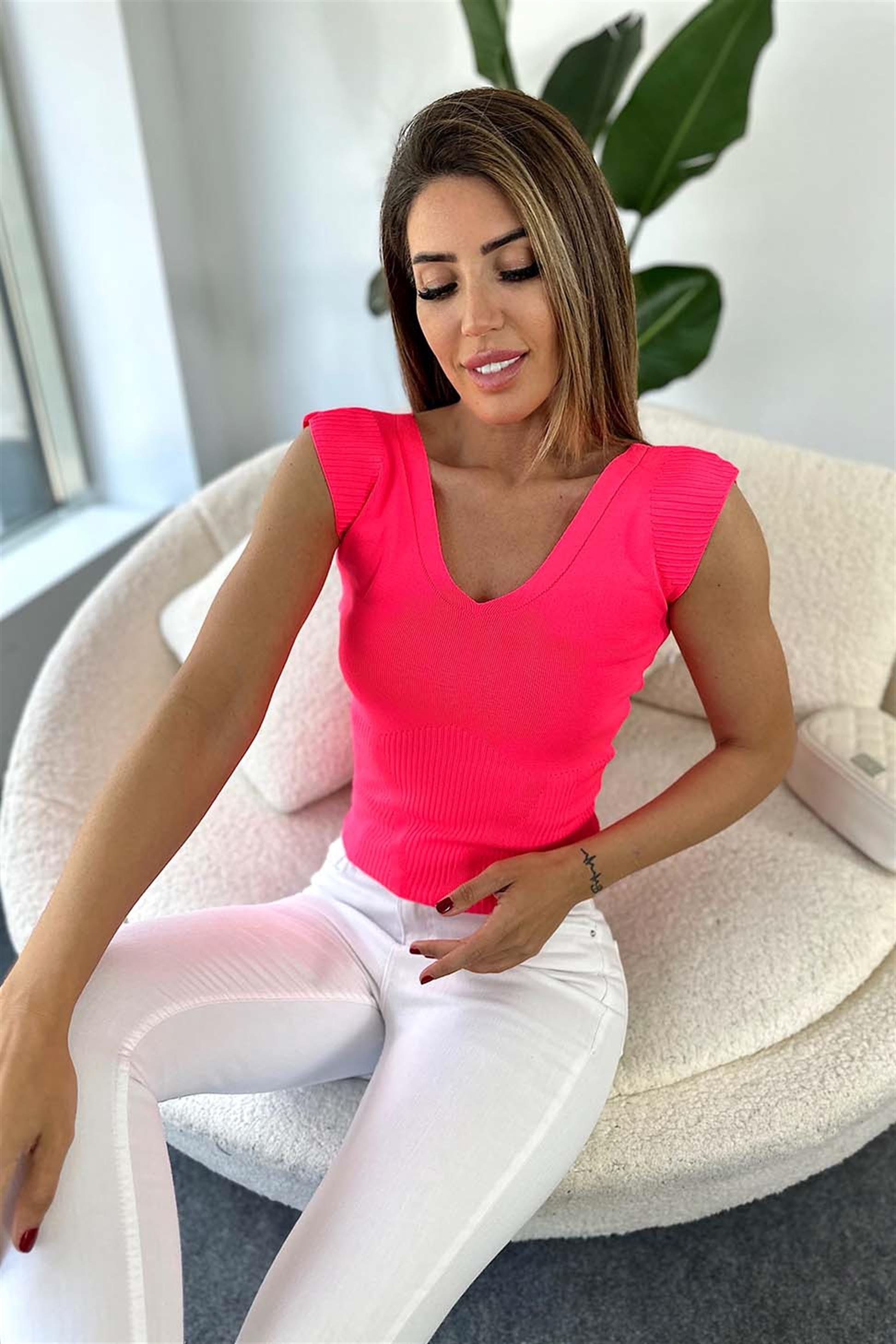 Ön Arka V Yaka Kolsuz Triko Bluz Neon Pembe