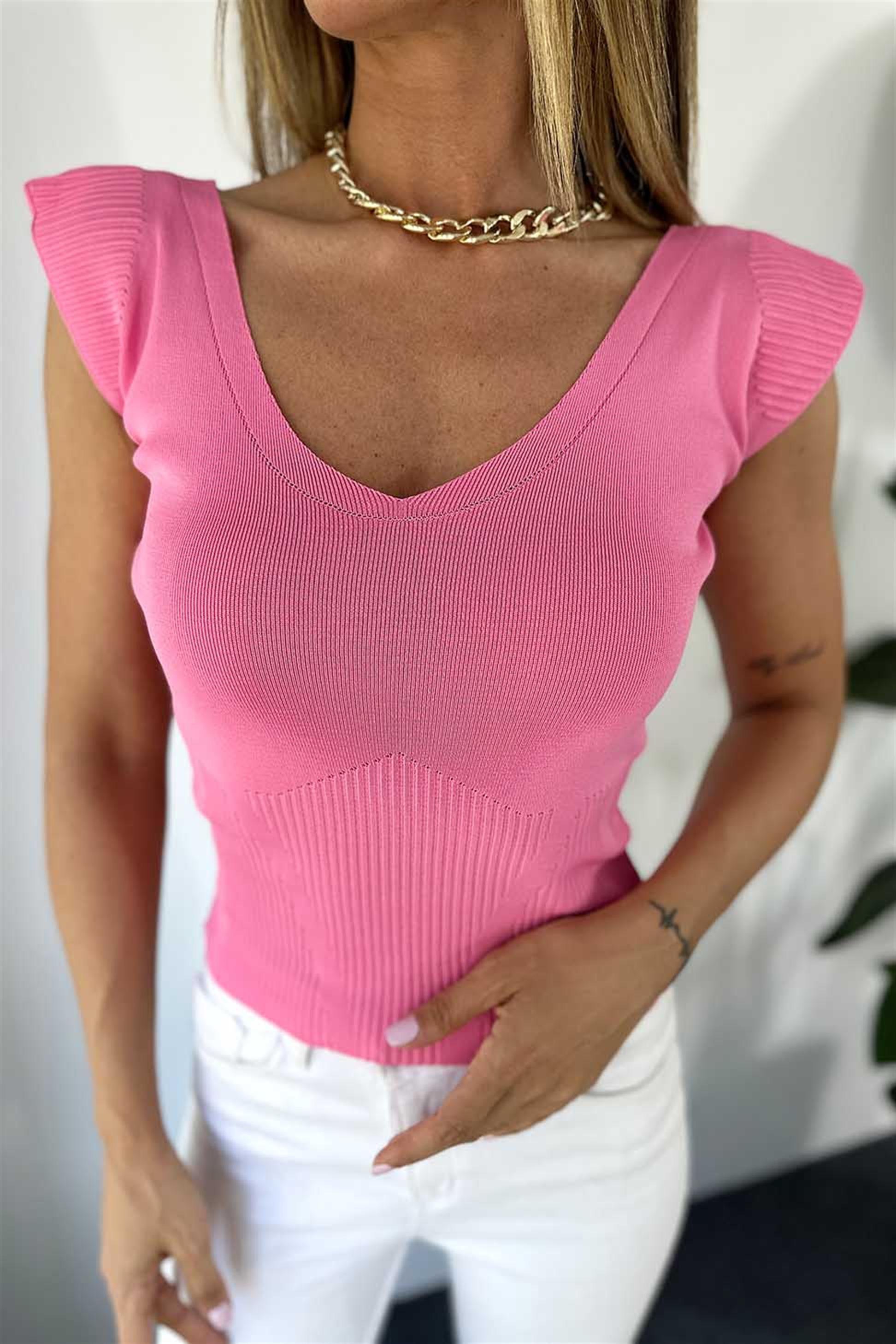 Ön Arka V Yaka Kolsuz Triko Bluz Pembe
