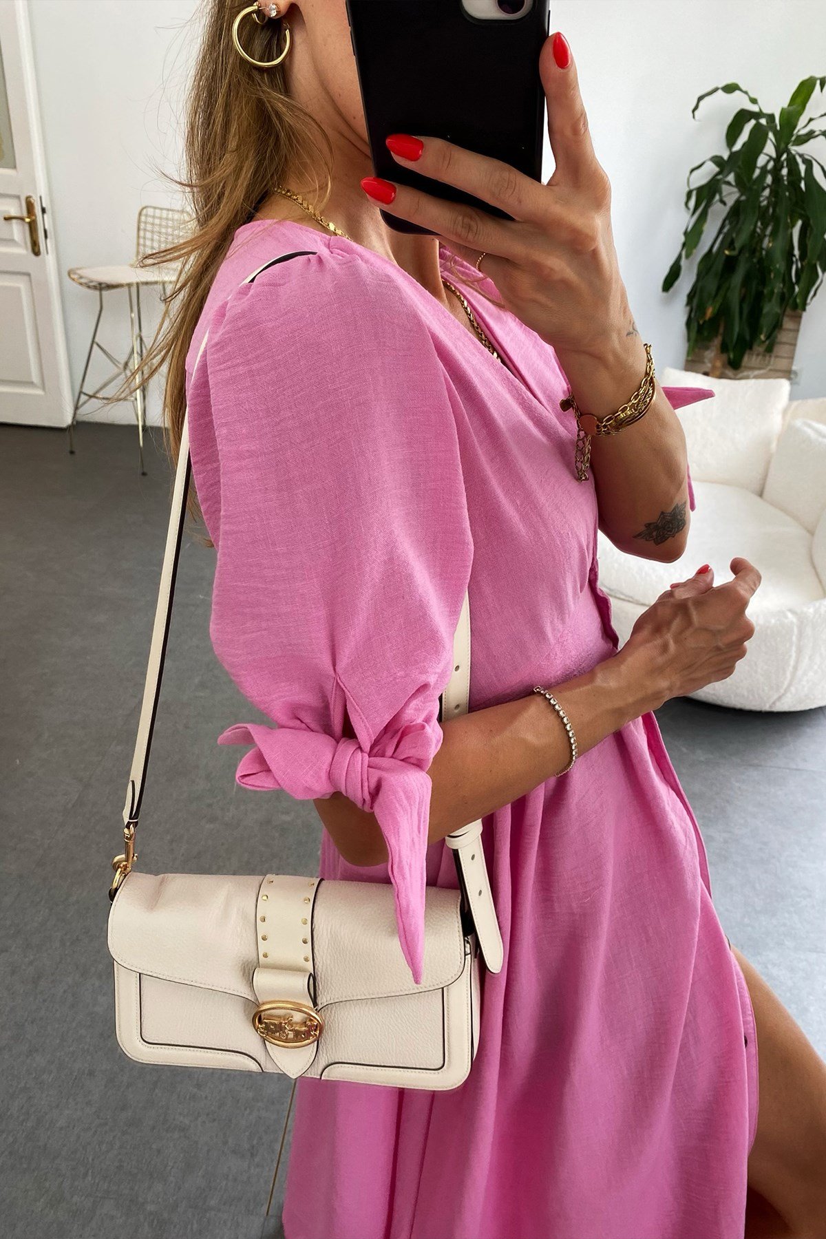 Önden Düğmeli Basic Midi Elbise Pembe