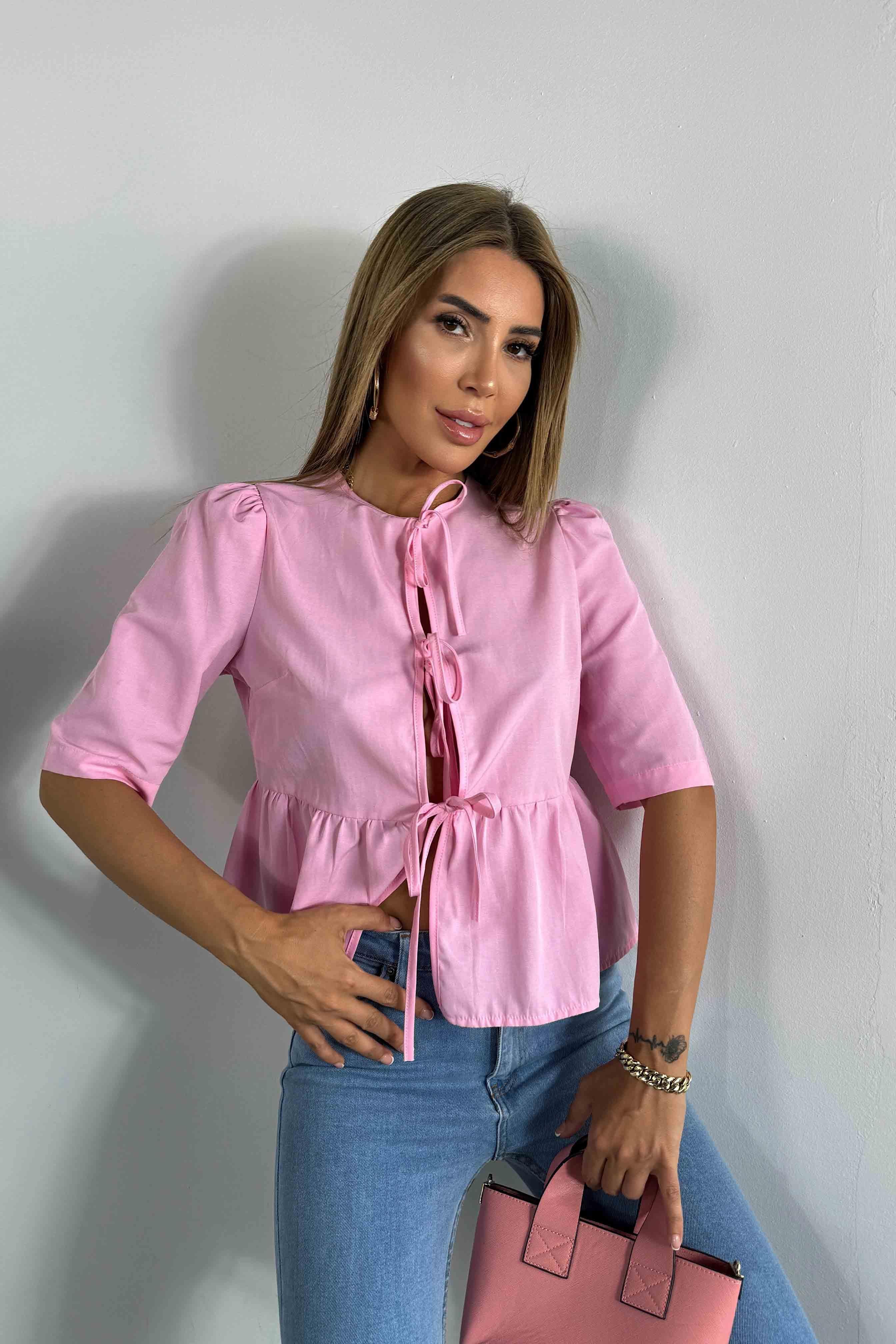 Önü İp Bağlamalı Crop Gömlek Pembe