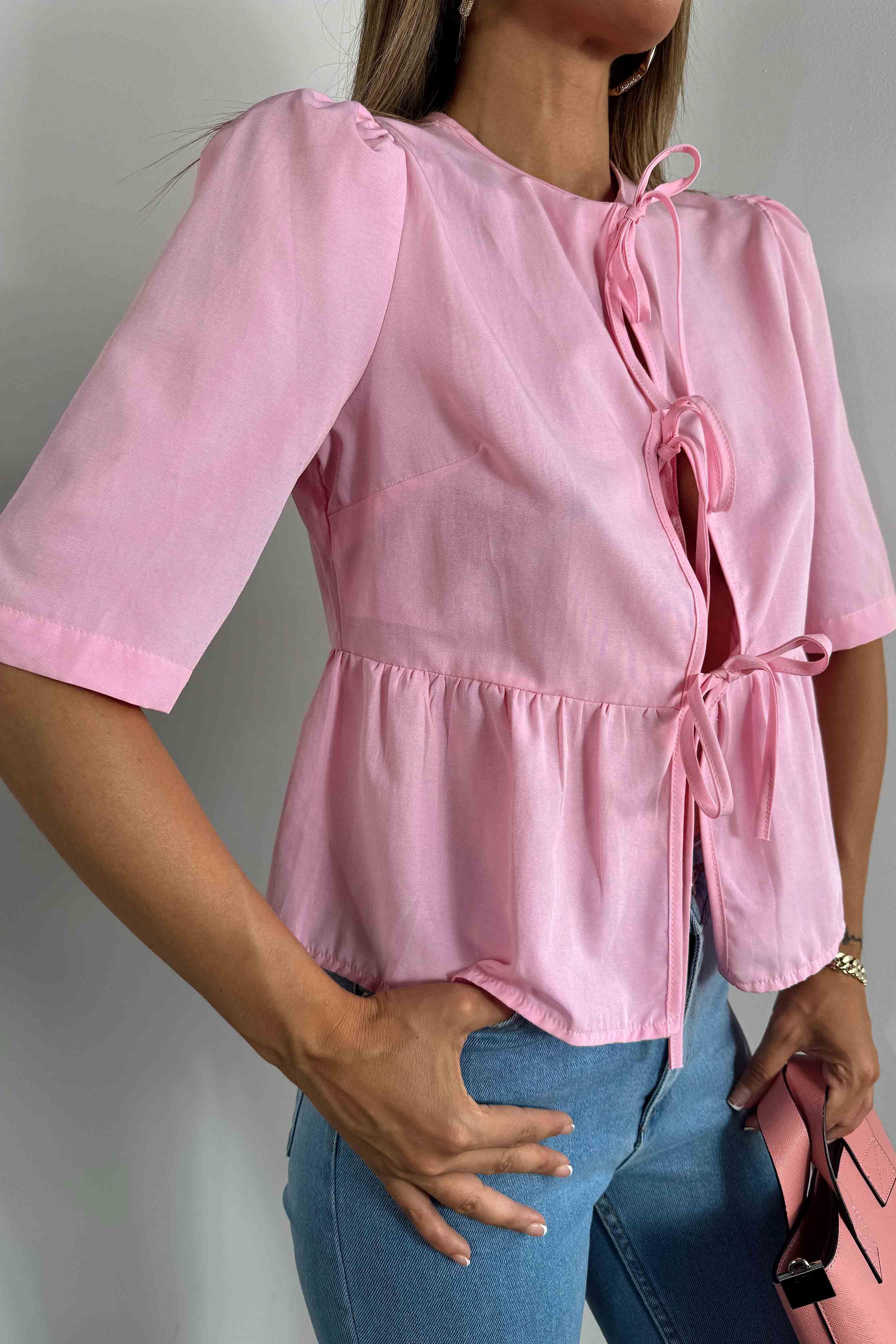Önü İp Bağlamalı Crop Gömlek Pembe
