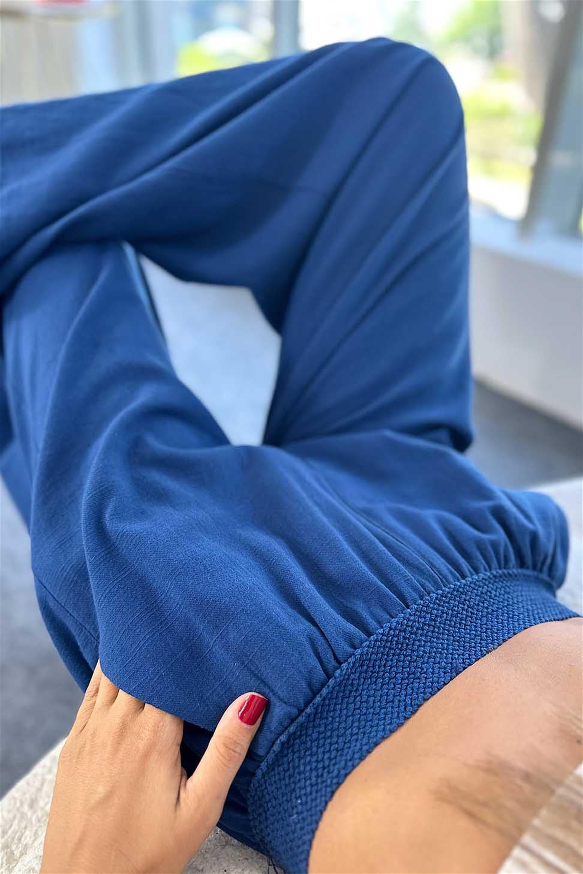 Organik Kumaş Beli Lastikli Paçası Bol Pantalon Lacivert