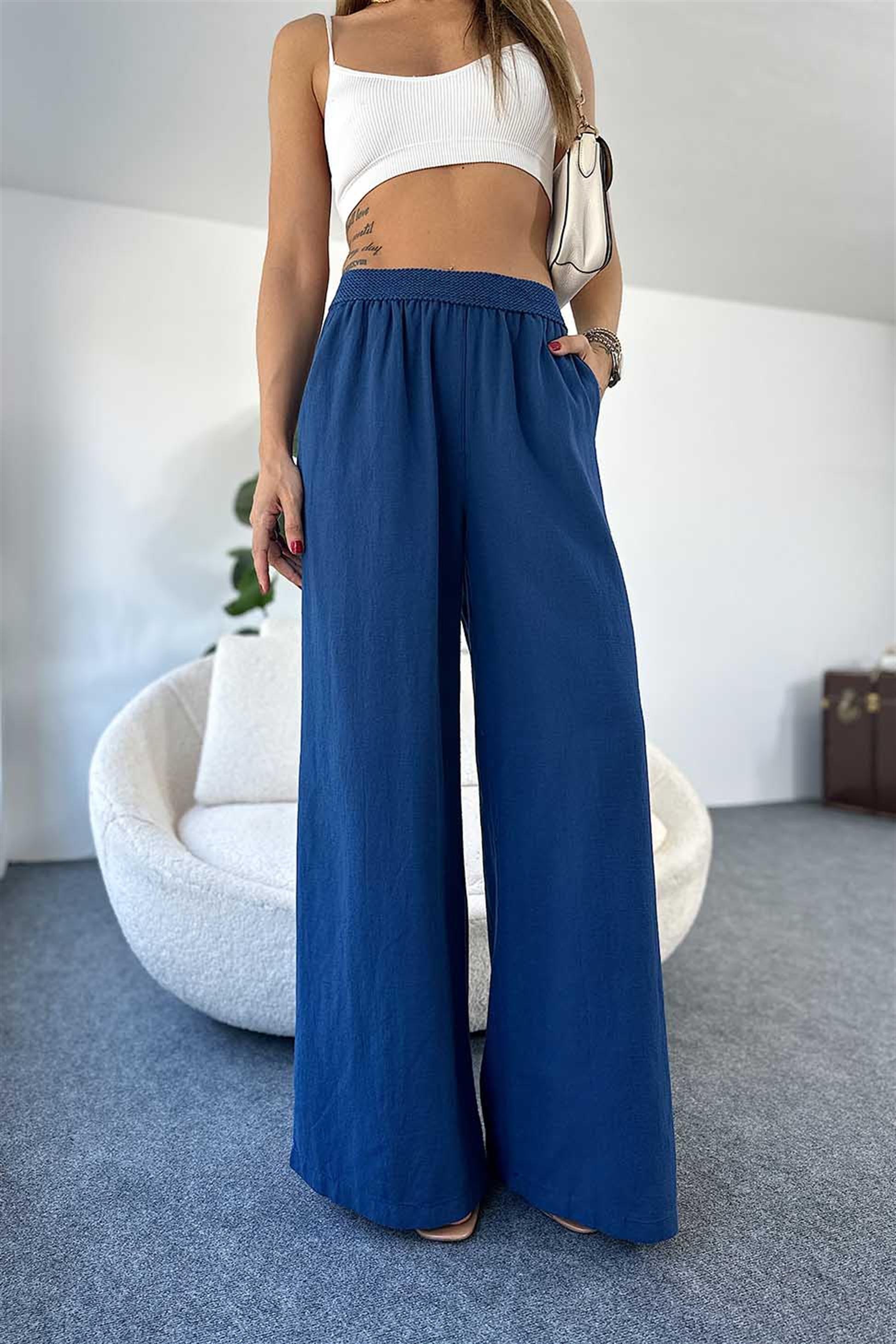 Organik Kumaş Beli Lastikli Paçası Bol Pantalon Lacivert