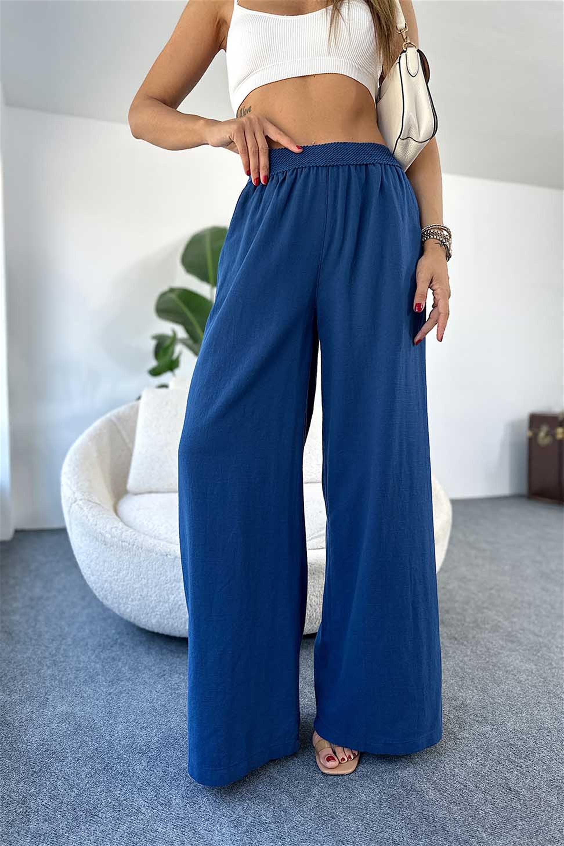 Organik Kumaş Beli Lastikli Paçası Bol Pantalon Lacivert