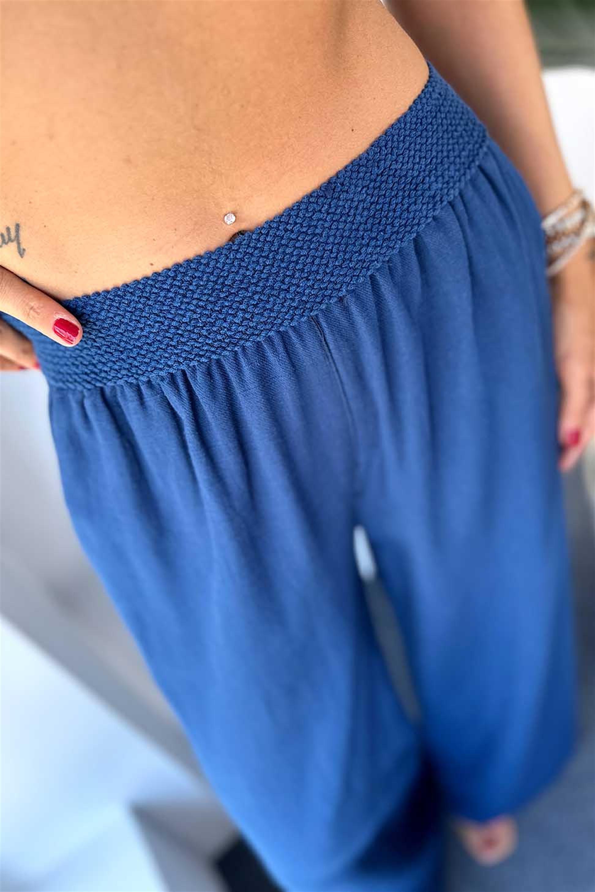 Organik Kumaş Beli Lastikli Paçası Bol Pantalon Lacivert