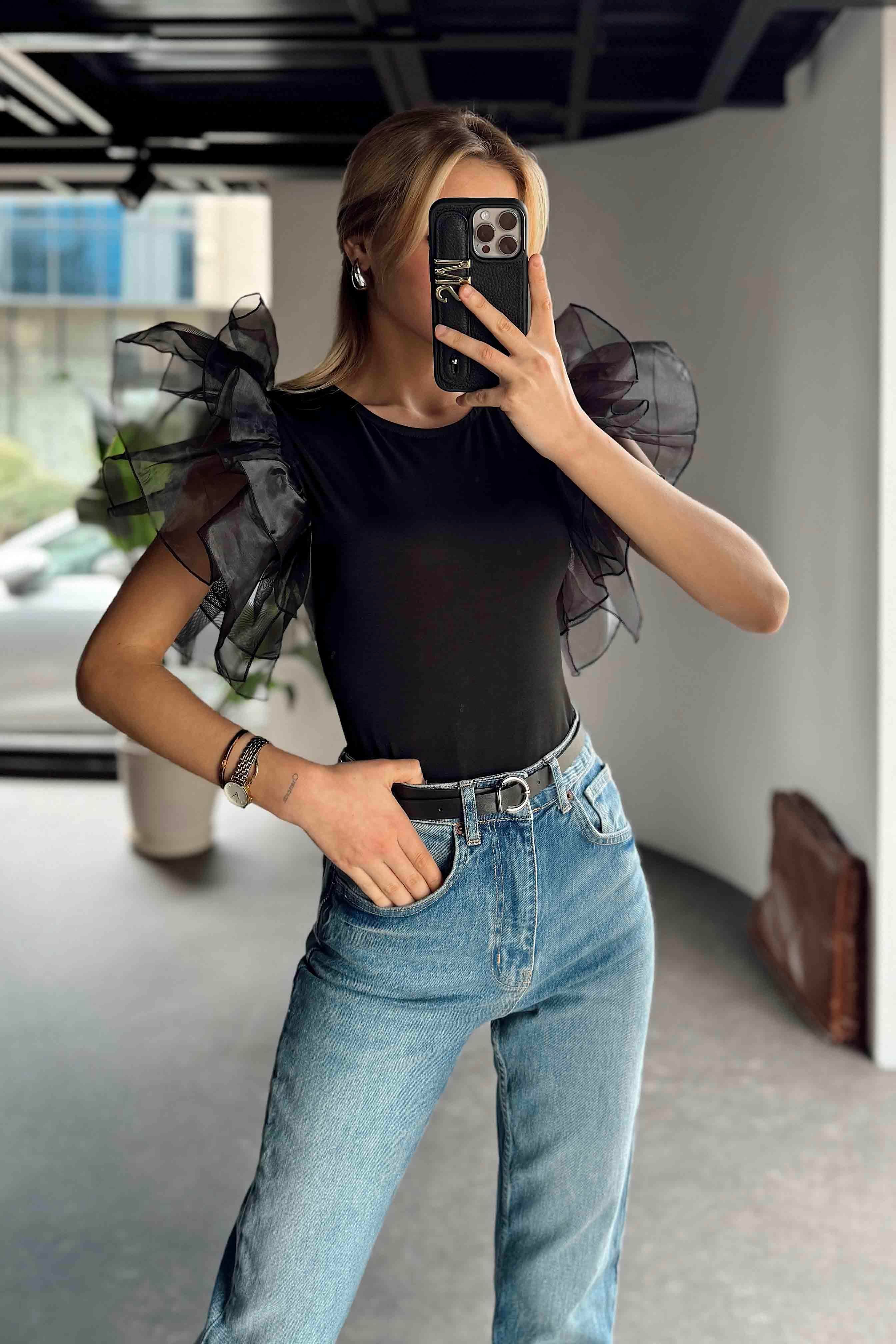 Organze Kol Tül Tasarım Bodysuit Siyah