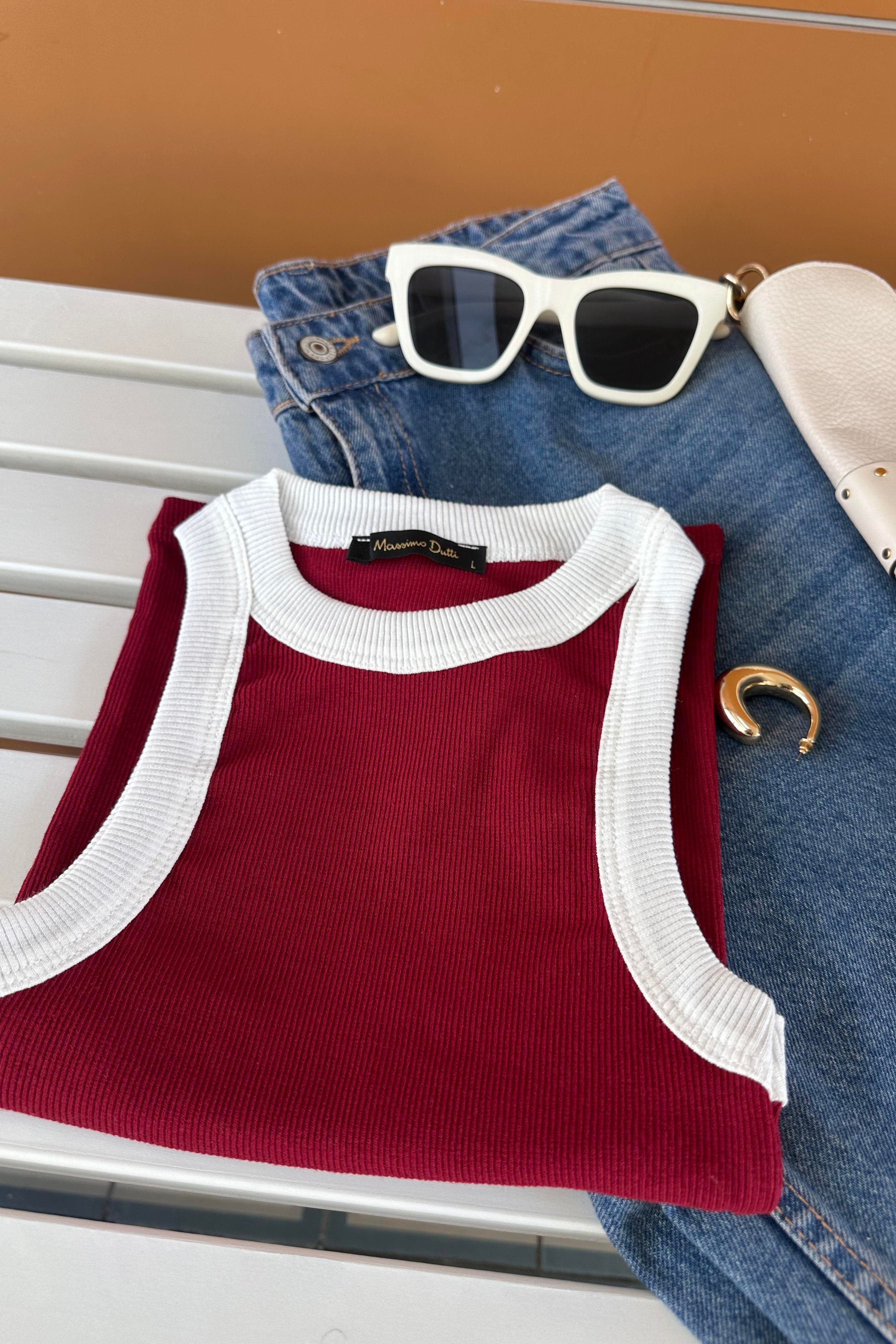 Orijinal Marka Beyaz Biyeli Halter Yaka Fitilli Atlet Bordo