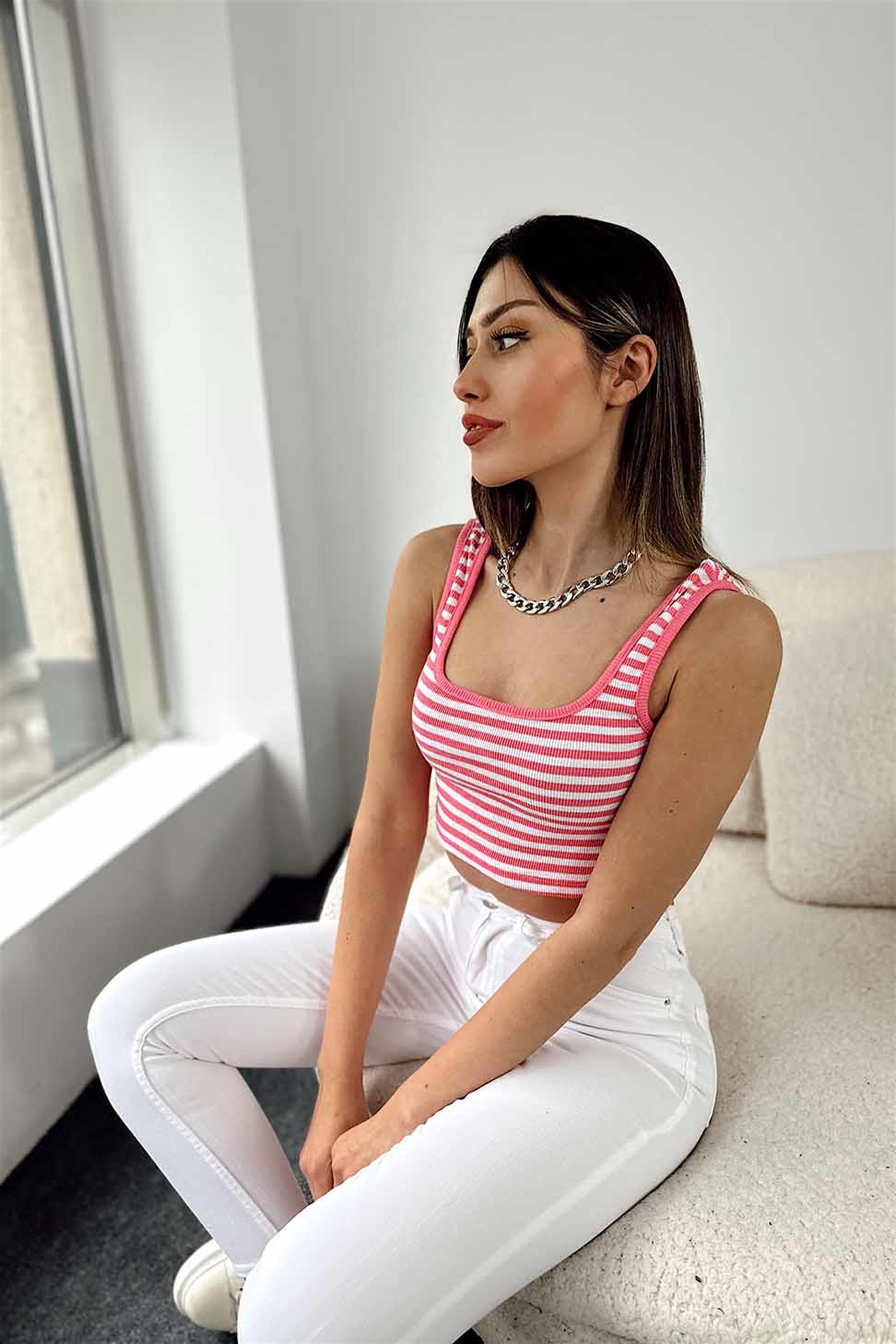 Orjinal Marka Askılı Çizgili Fitilli Crop Pembe