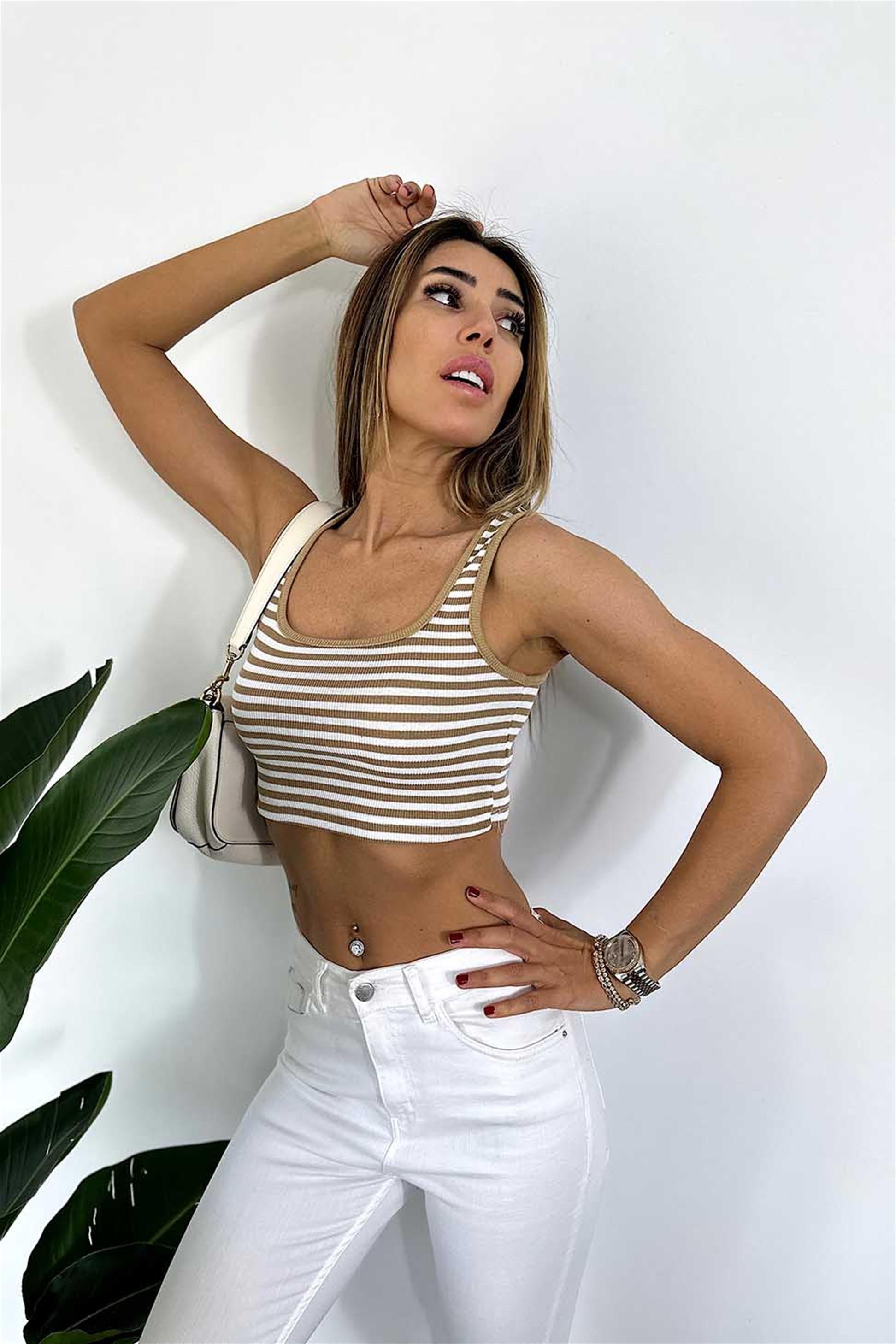 Orjinal Marka Askılı Çizgili Fitilli Crop Vizon