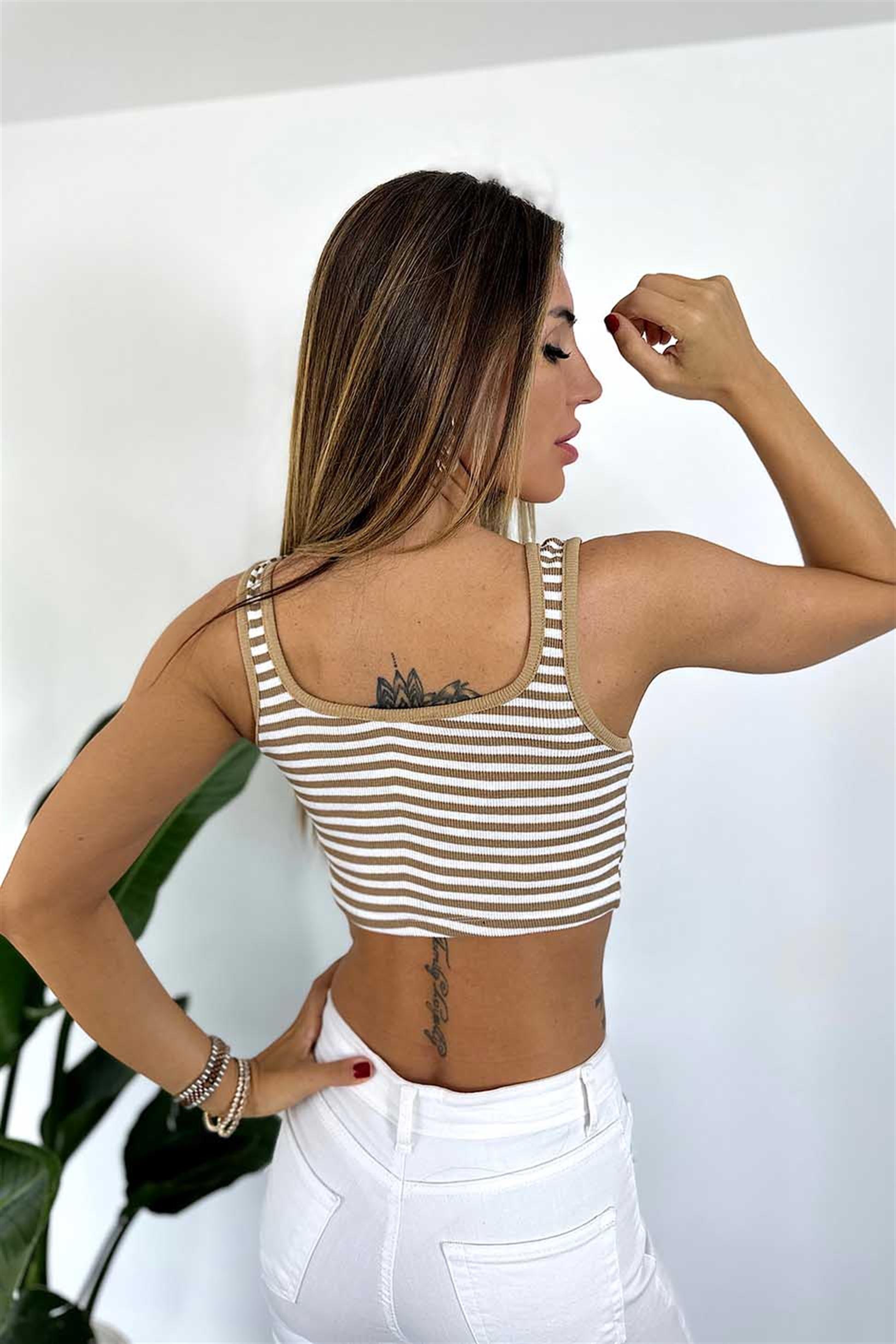 Orjinal Marka Askılı Çizgili Fitilli Crop Vizon