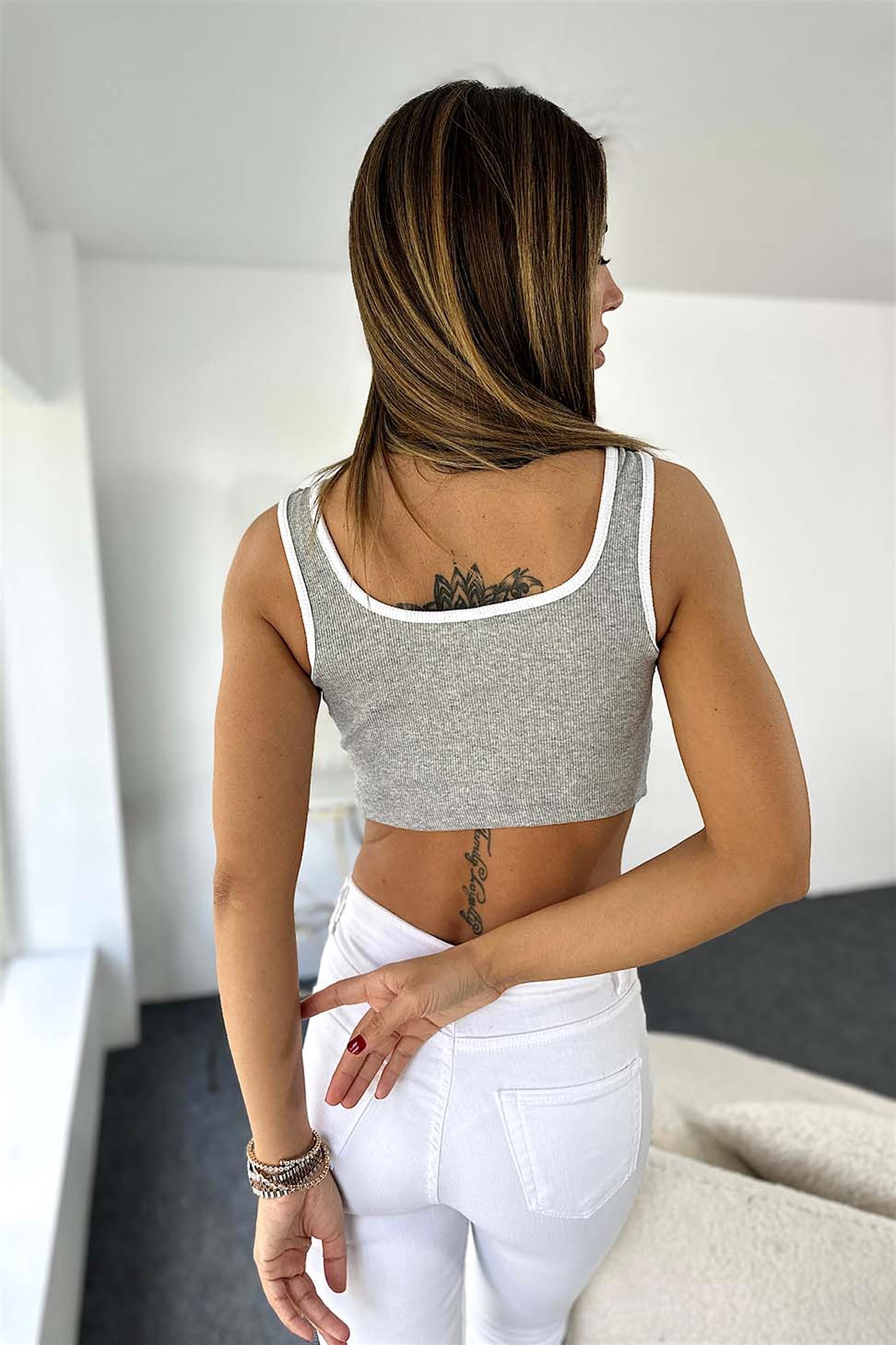 Orjinal Marka Askılı Zıt Renk Fitilli Crop Gri