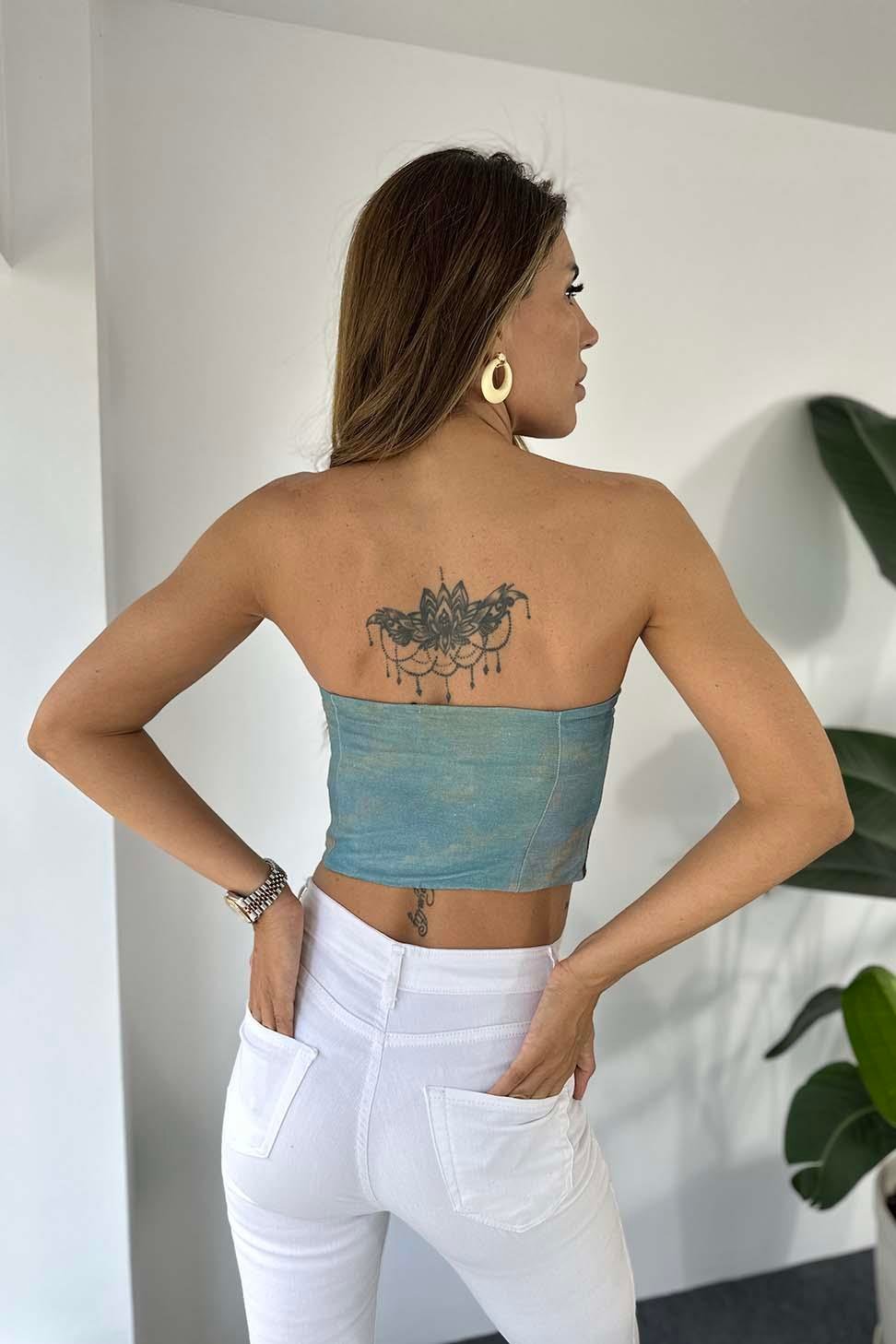 Orjinal Marka Bebek Desenli Askılı Crop Bluz Mavi