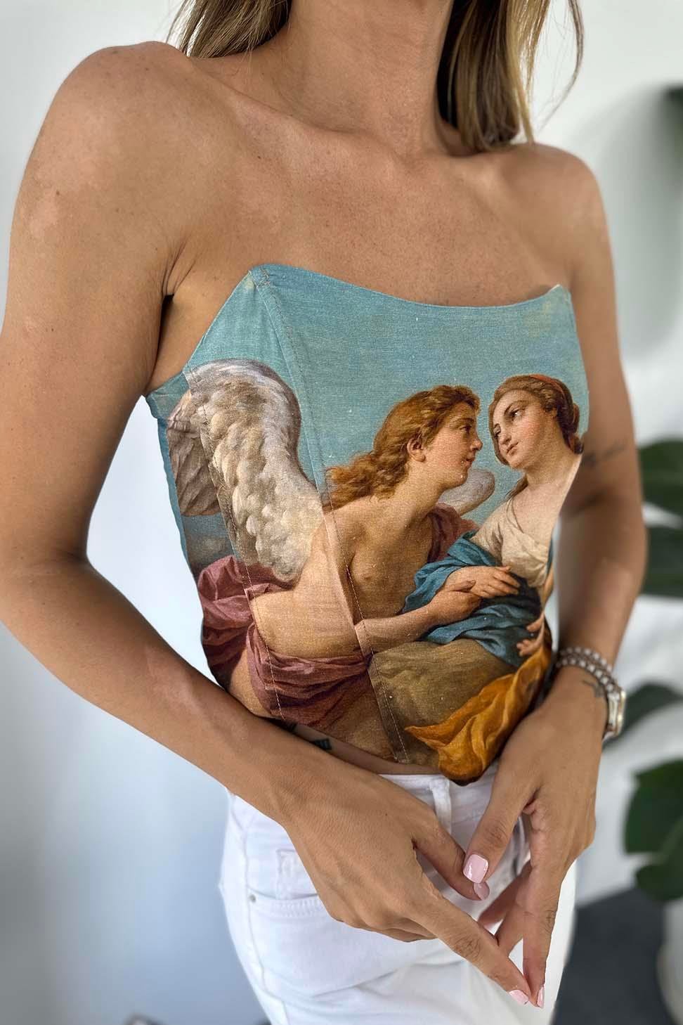Orjinal Marka Bebek Desenli Askılı Crop Bluz Mavi
