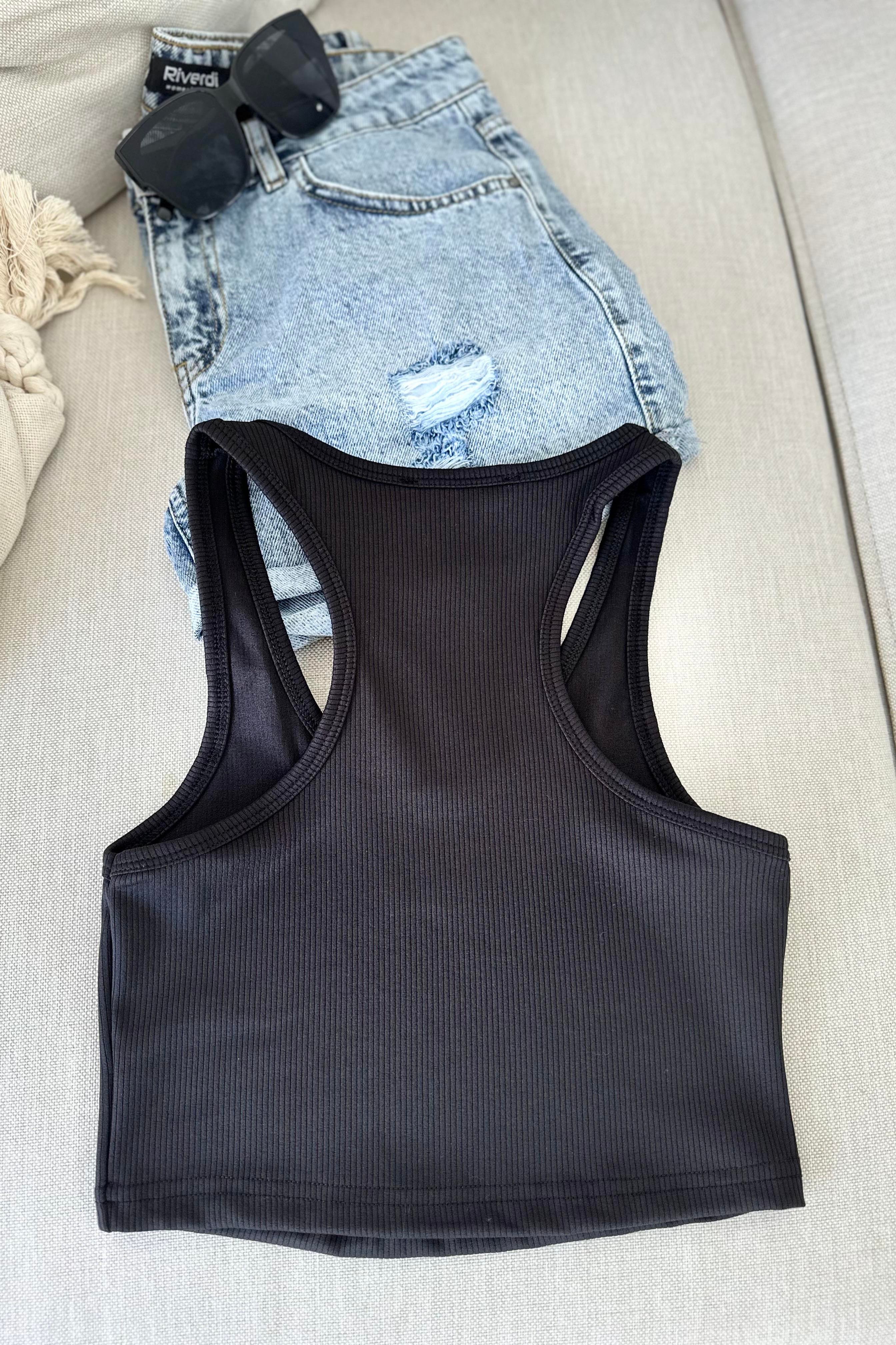 Orjinal Marka Halter Yaka Crop Bluz Siyah