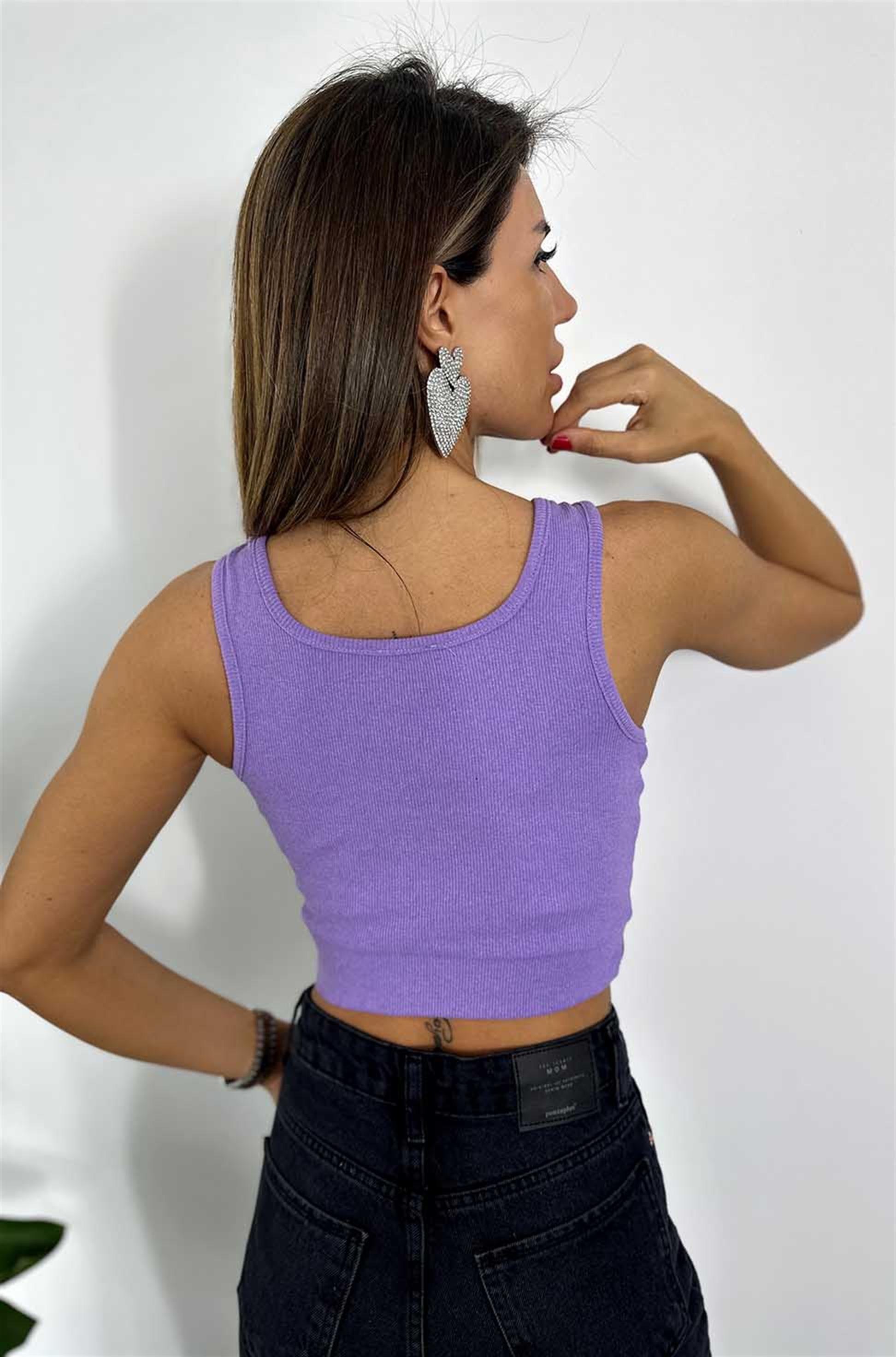 Orjinal Marka Kare Yaka Askılı Crop Lila