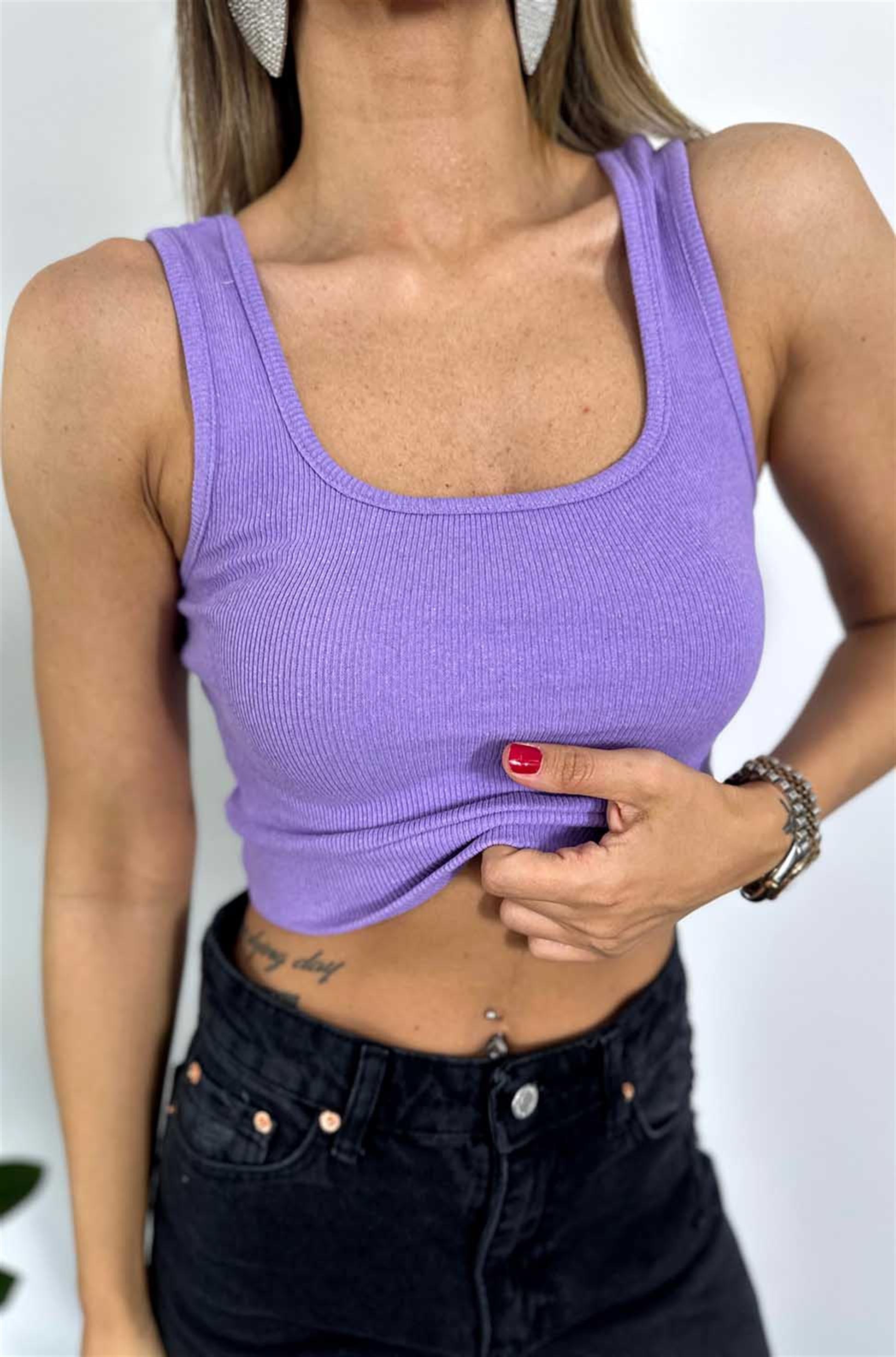 Orjinal Marka Kare Yaka Askılı Crop Lila