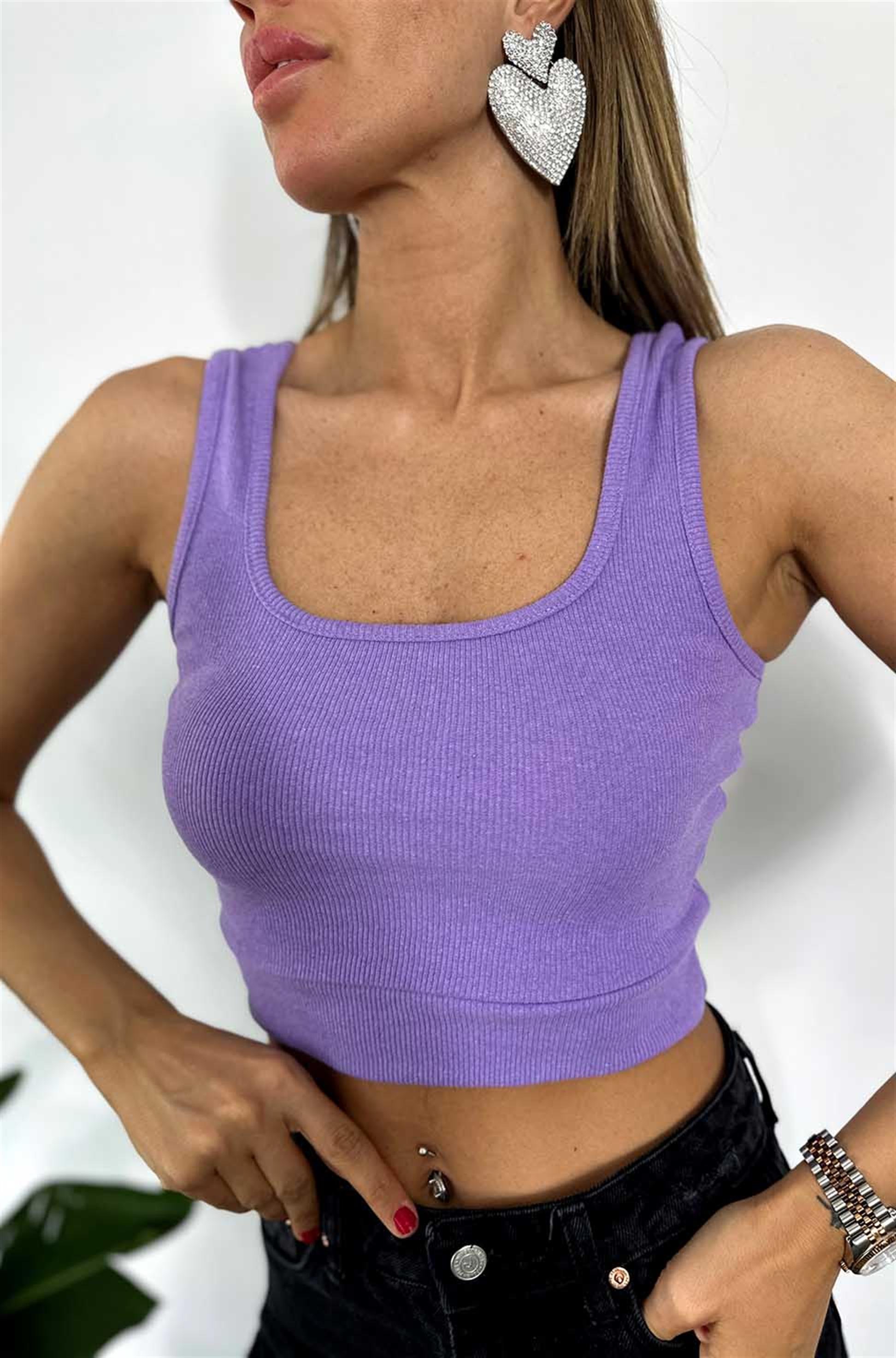 Orjinal Marka Kare Yaka Askılı Crop Lila
