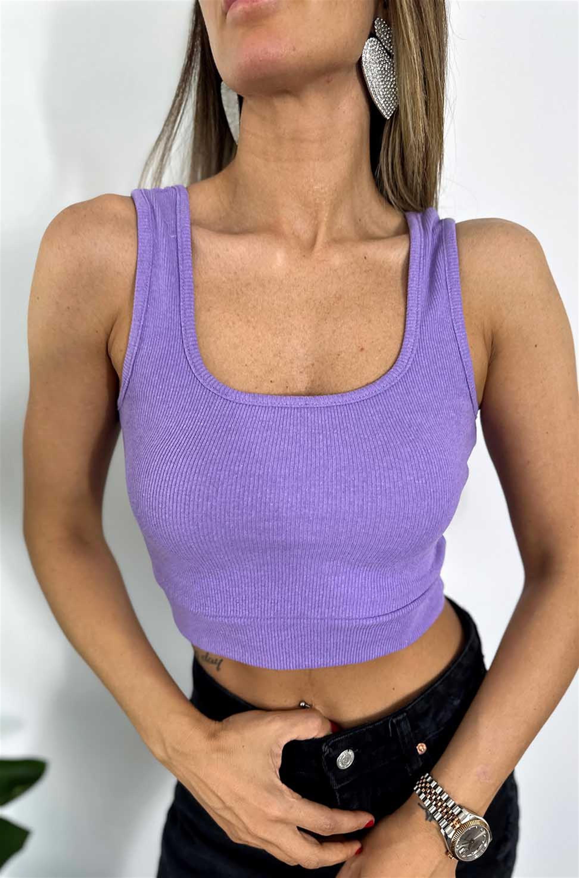 Orjinal Marka Kare Yaka Askılı Crop Lila