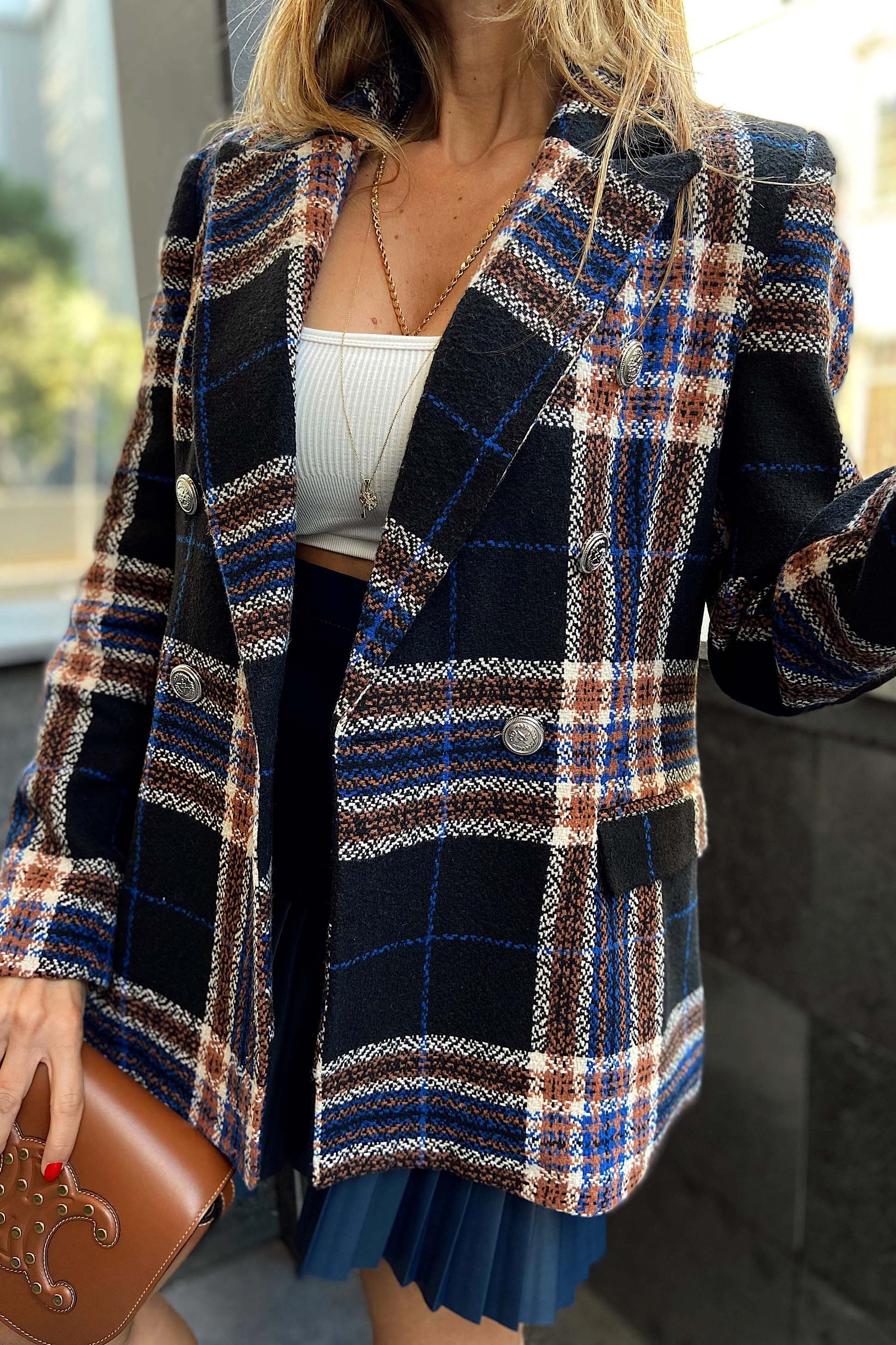 Orjinal Marka Kareli Blazer Ceket Siyah