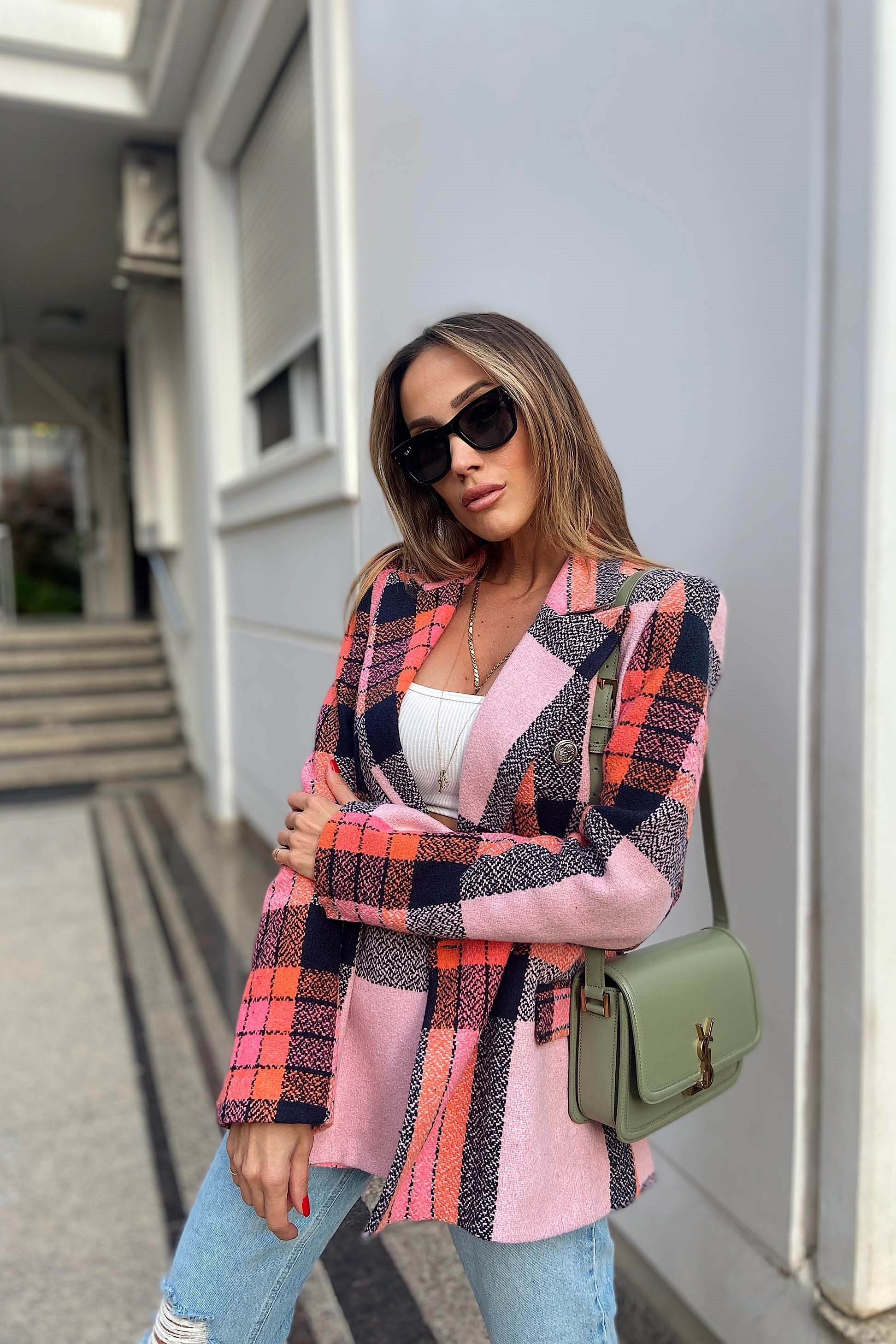 Orjinal Marka Kareli Blazer Ceket Toz Pembe