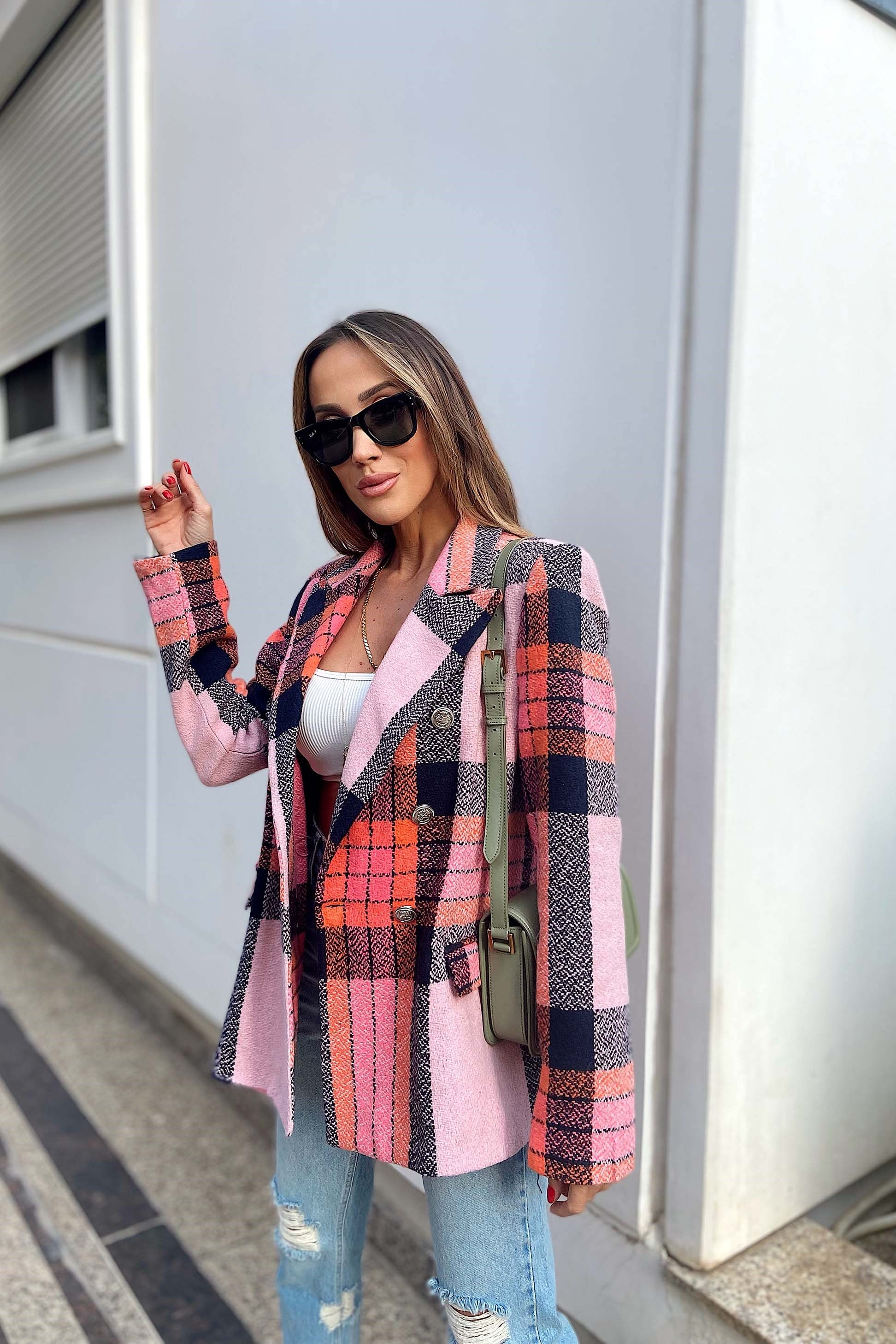 Orjinal Marka Kareli Blazer Ceket Toz Pembe