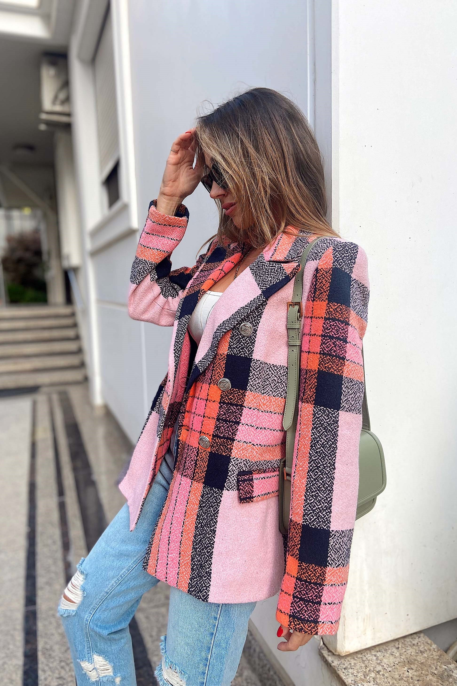 Orjinal Marka Kareli Blazer Ceket Toz Pembe