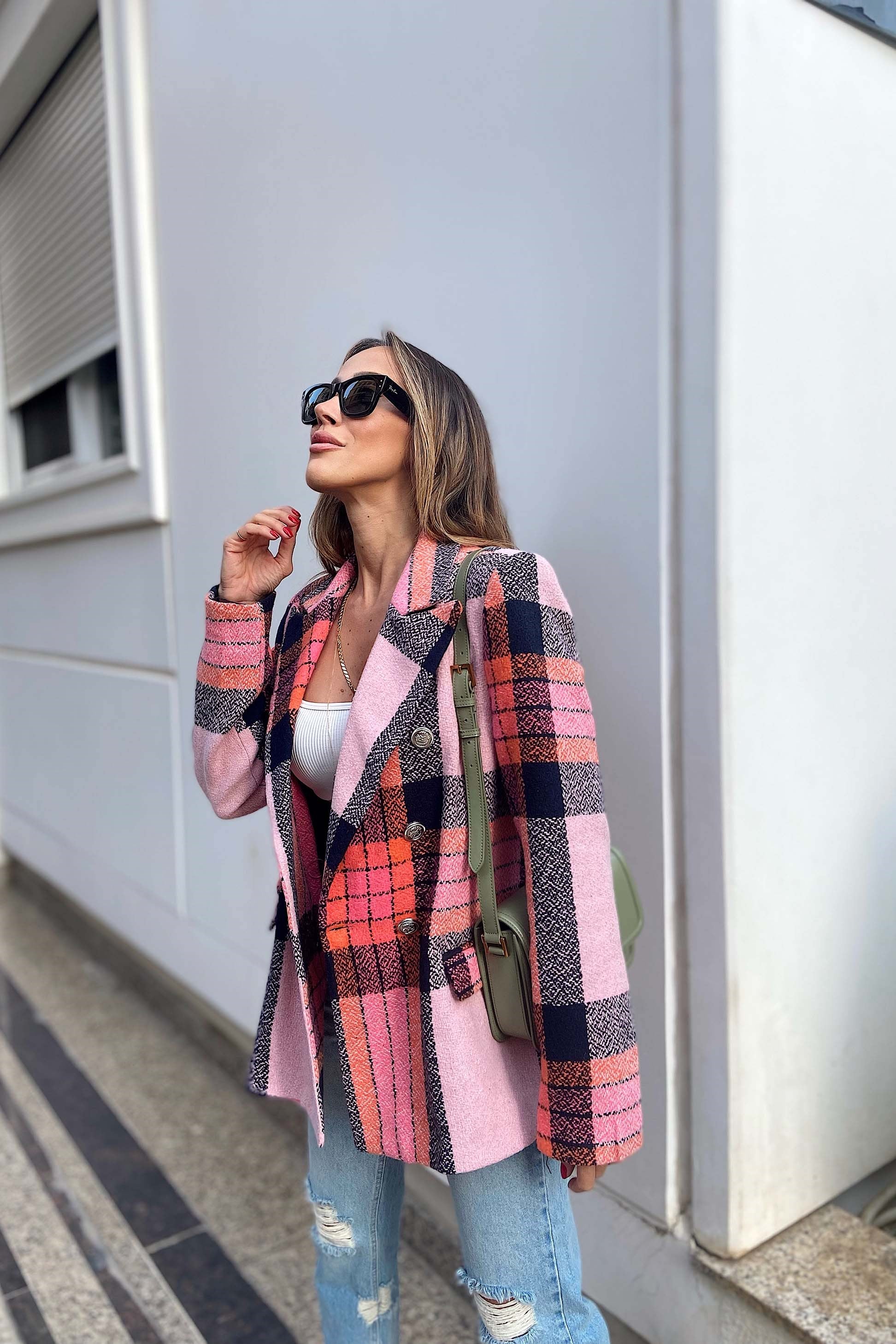 Orjinal Marka Kareli Blazer Ceket Toz Pembe