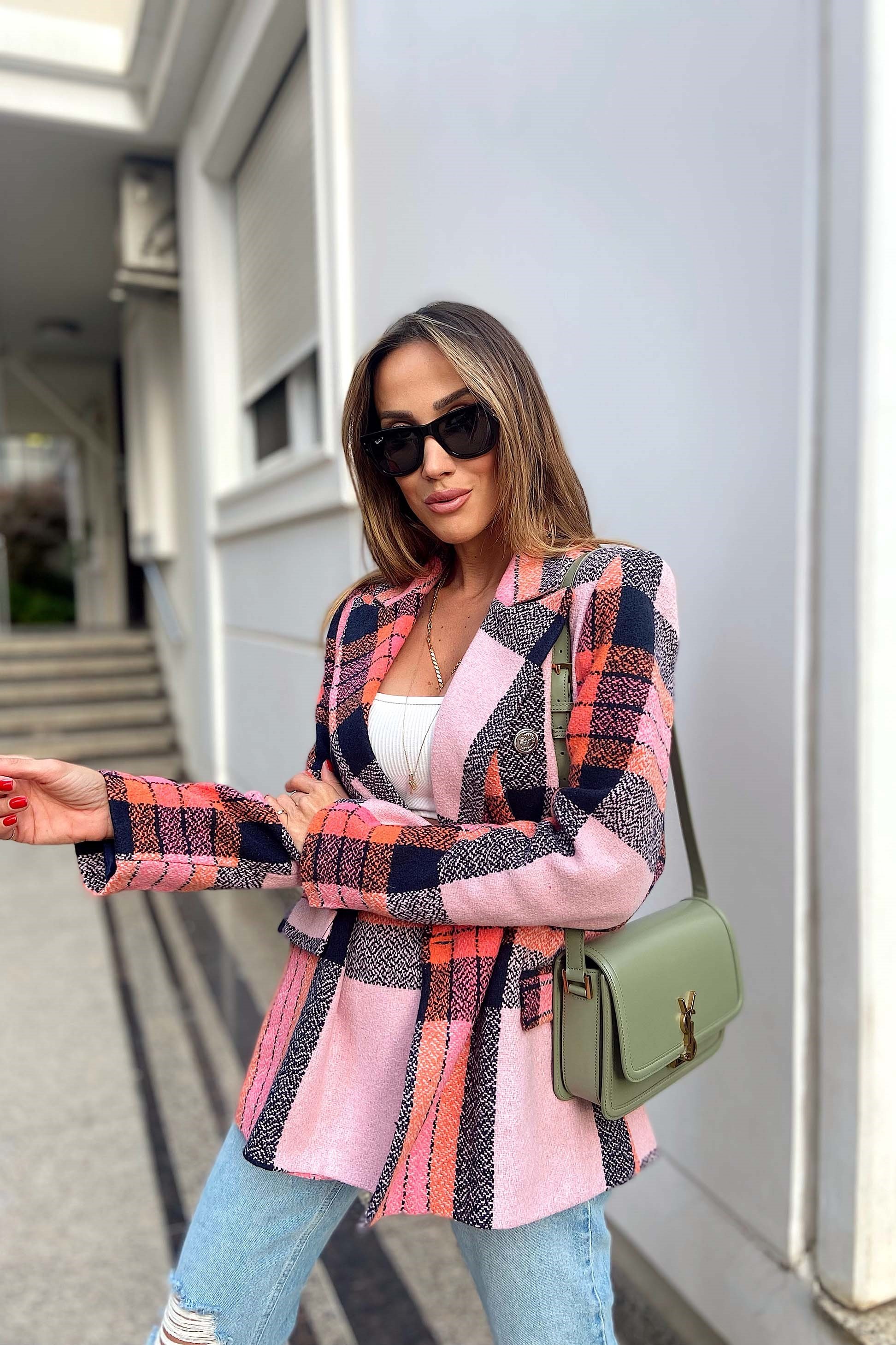 Orjinal Marka Kareli Blazer Ceket Toz Pembe