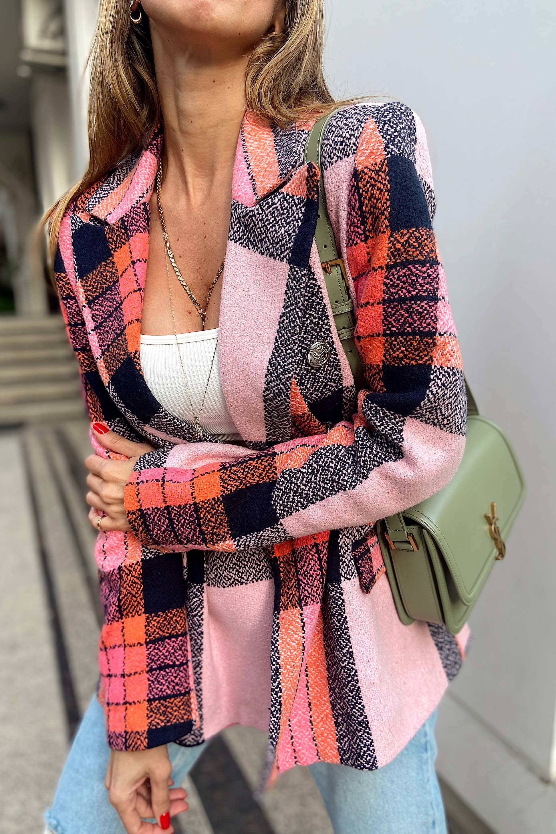 Orjinal Marka Kareli Blazer Ceket Toz Pembe