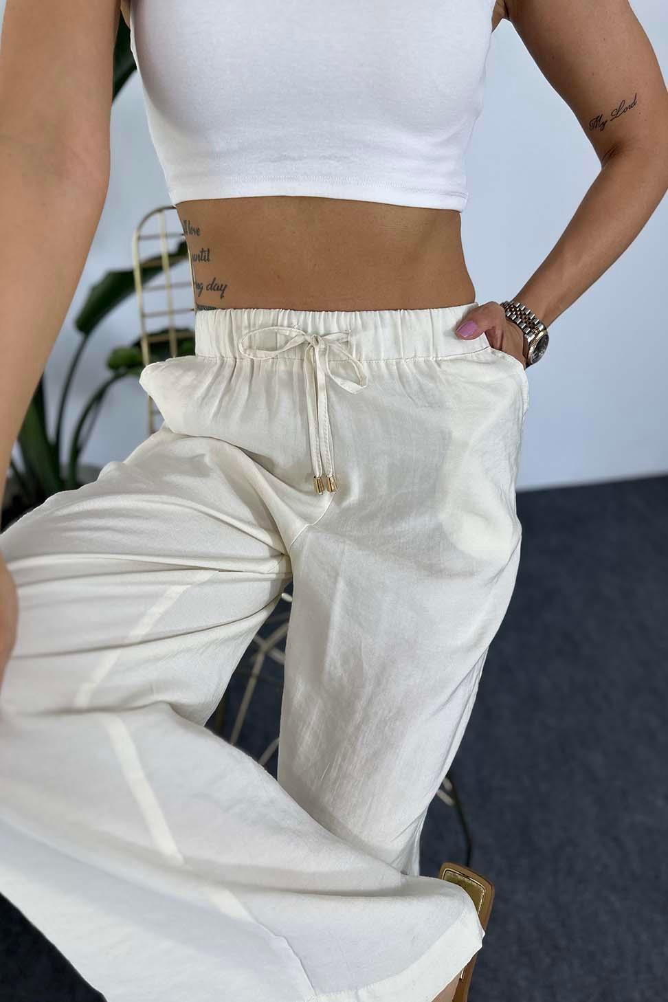 Orjinal Marka Natural Pamuklu Yazlık Salaş Pantalon Ekru