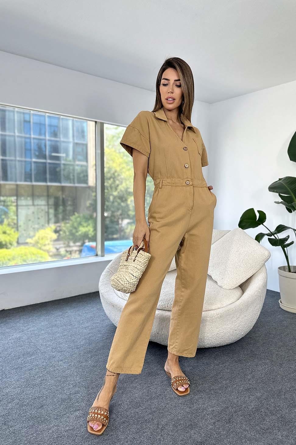 Orjinal Marka Pamuklu Kanvas Kumaş Düğme Detaylı Kadın Tulum Camel