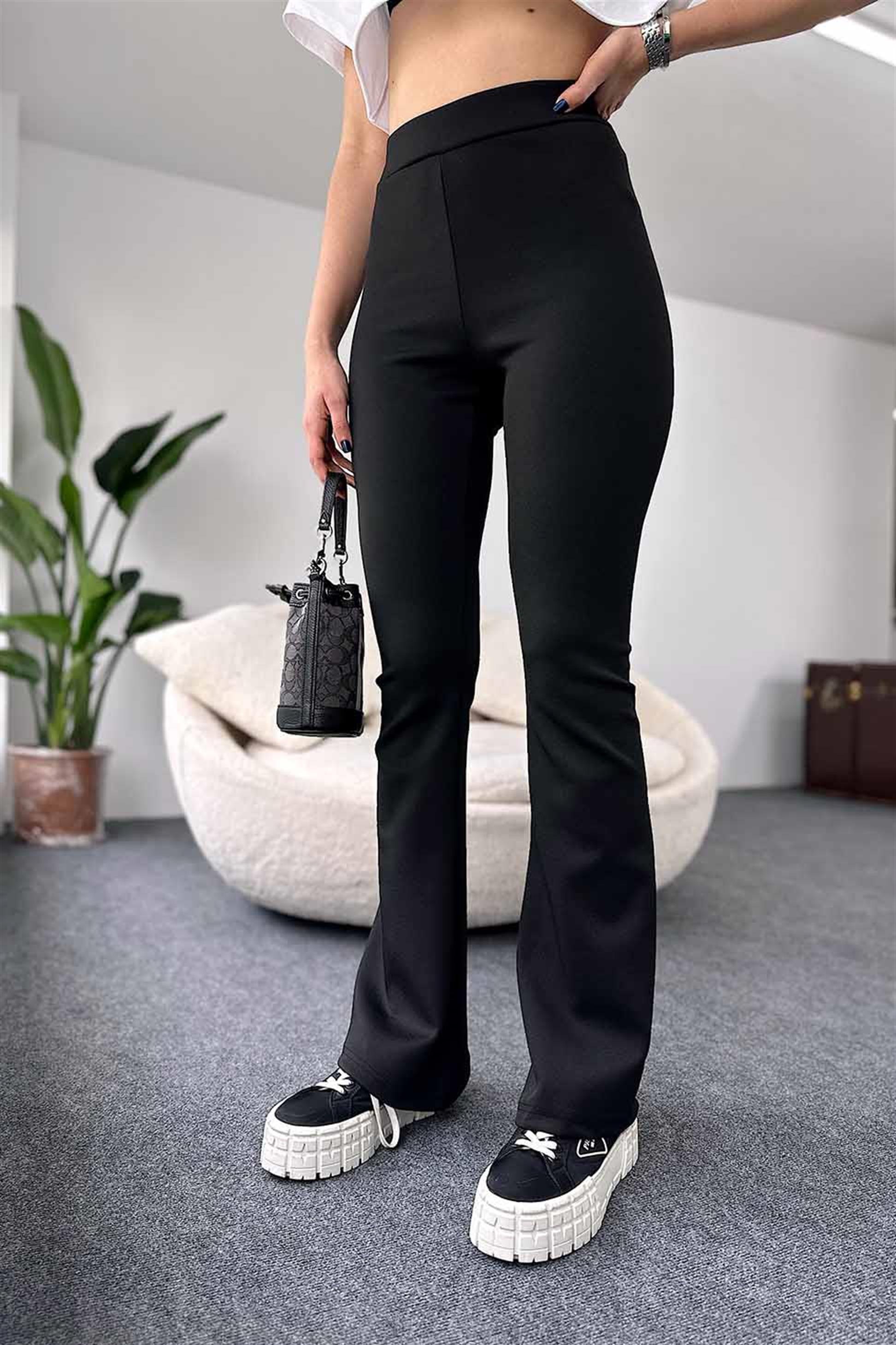 Orjinal Marka Scuba Kumaş İspanyol Paça Tayt Pantolon Siyah