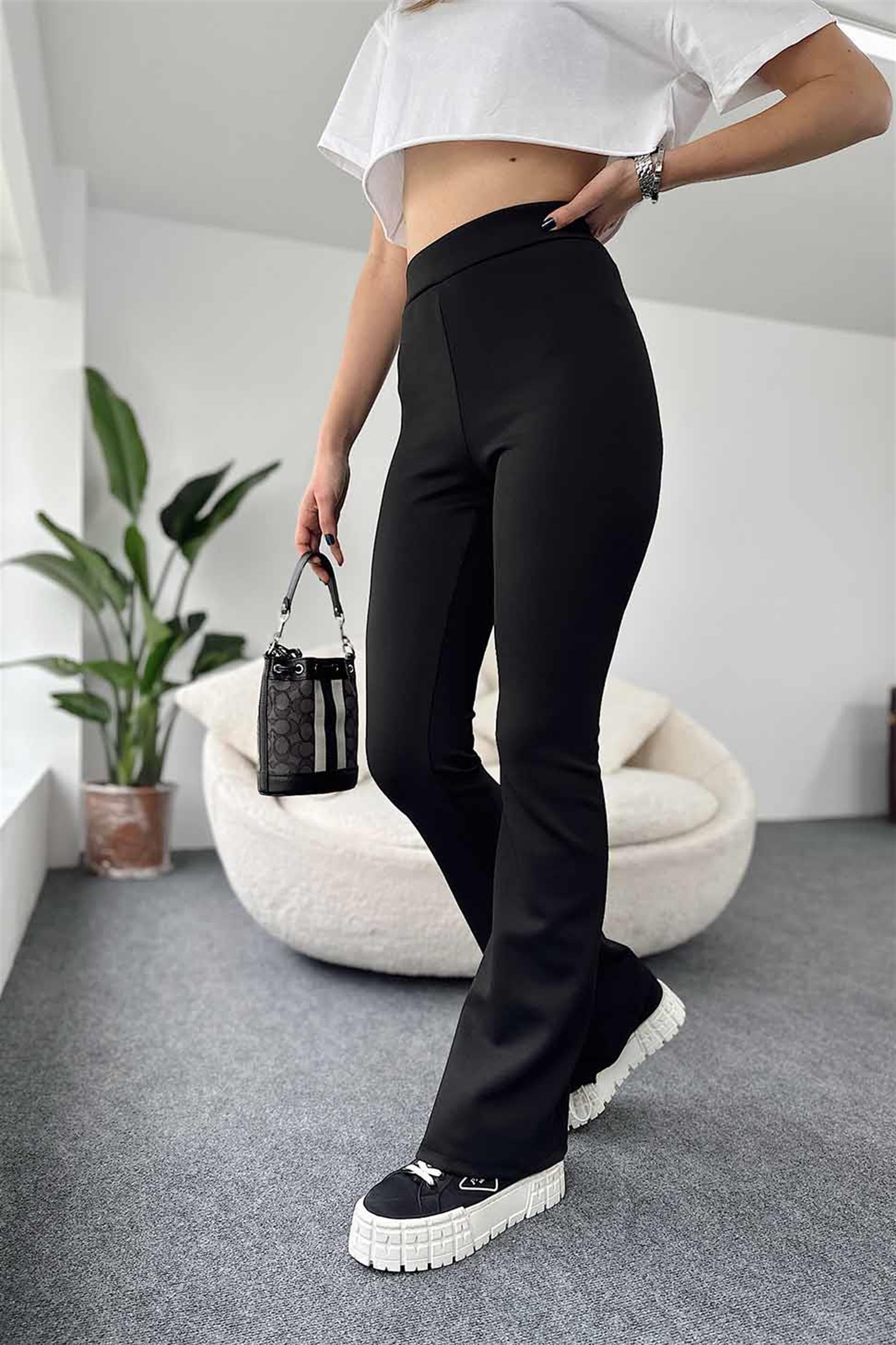 Orjinal Marka Scuba Kumaş İspanyol Paça Tayt Pantolon Siyah